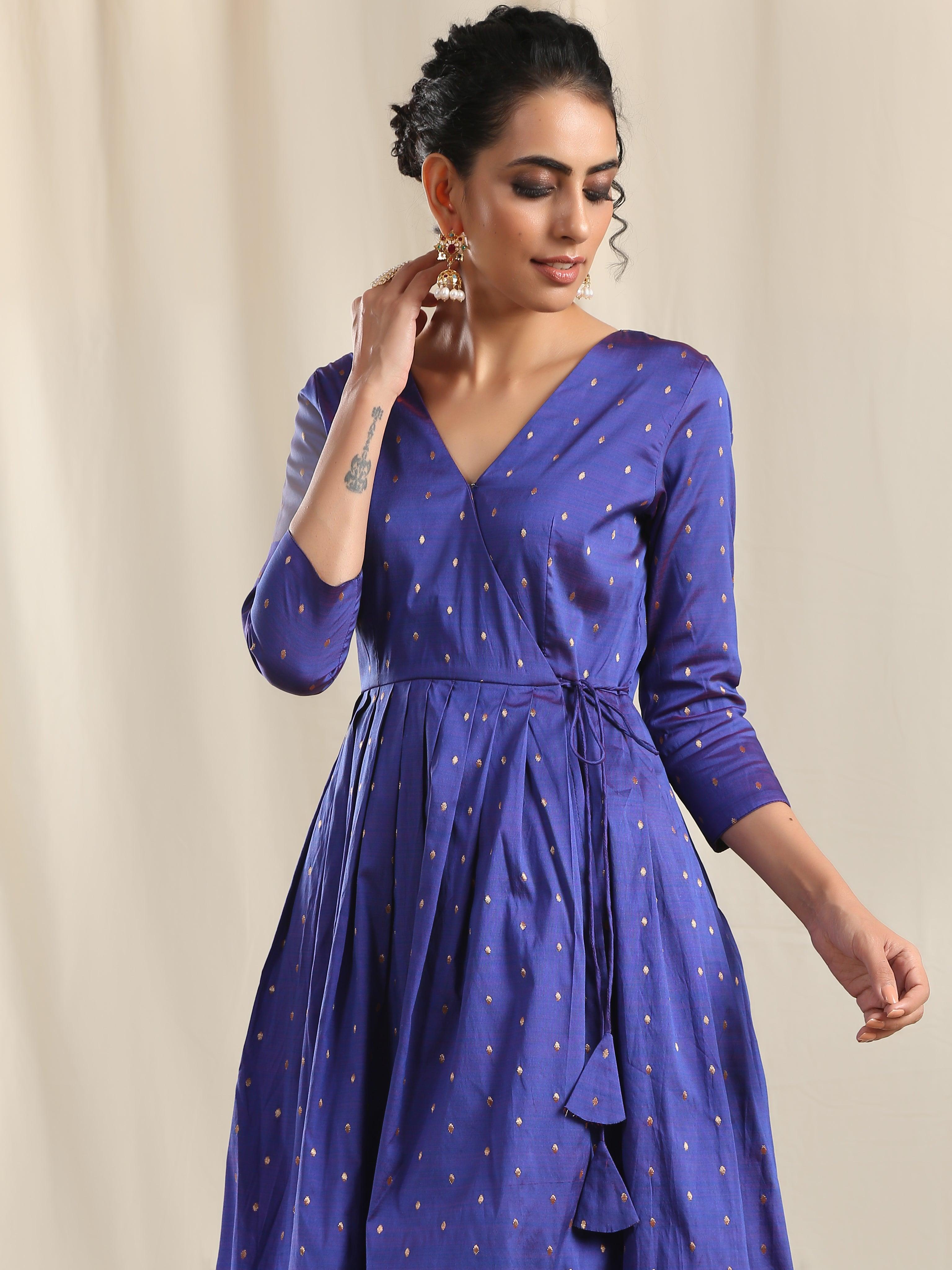 Blue Silk Angrakha Kurta Pant Set - trueBrowns