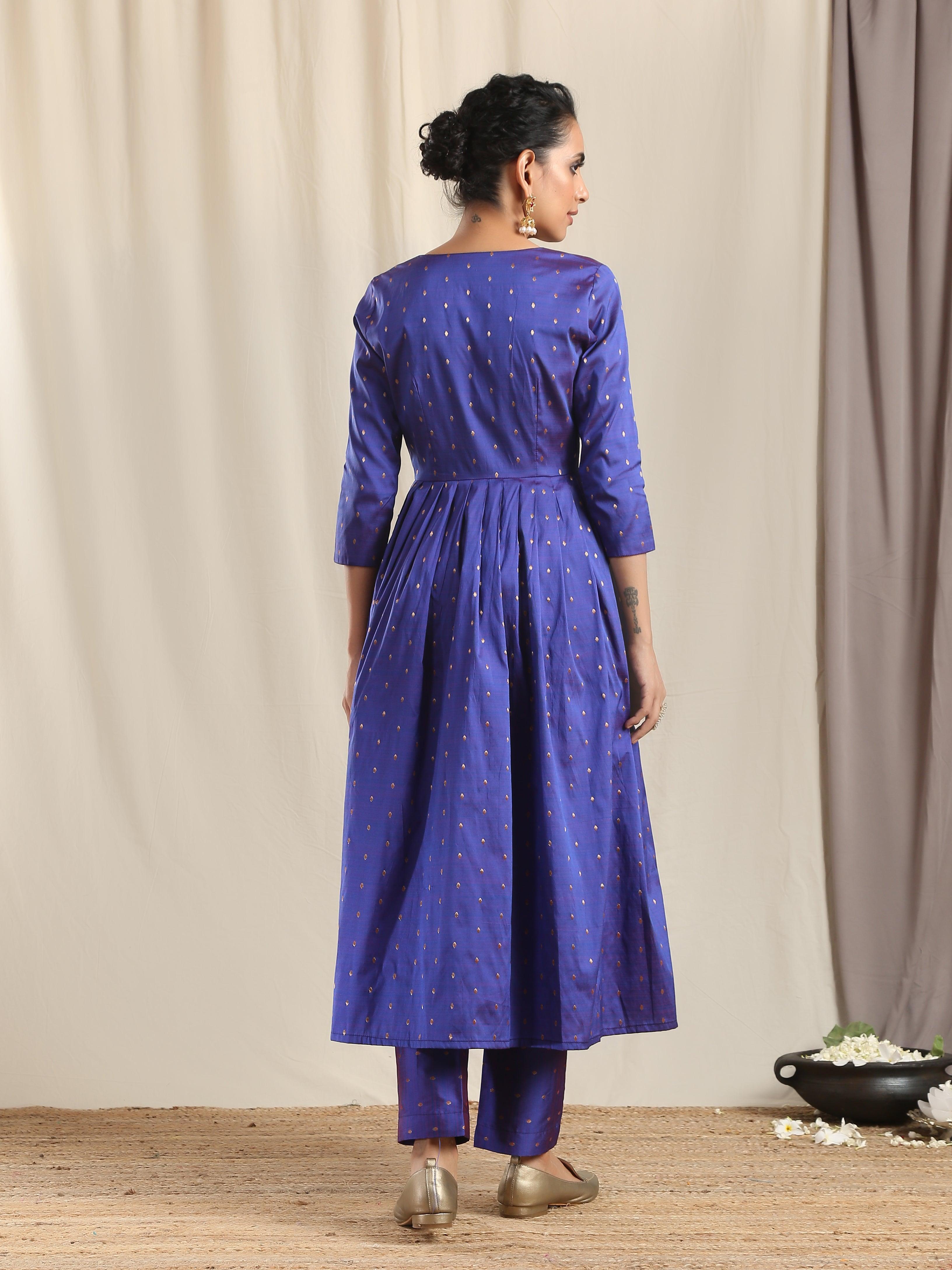 Blue Silk Angrakha Kurta Pant Set - trueBrowns