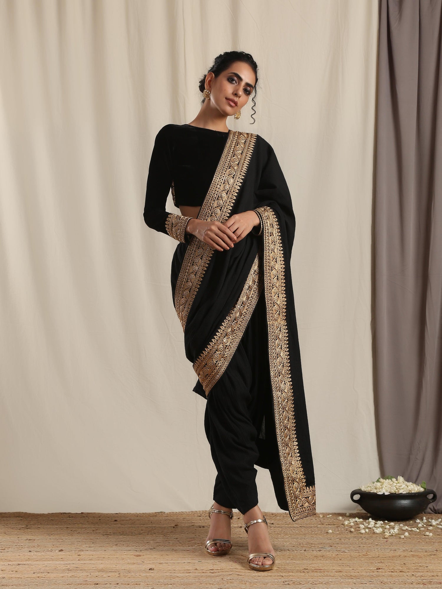 Black Crinkle Ready to Wear Embroidered Saree - trueBrowns