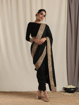 Black Crinkle Ready to Wear Embroidered Saree - trueBrowns