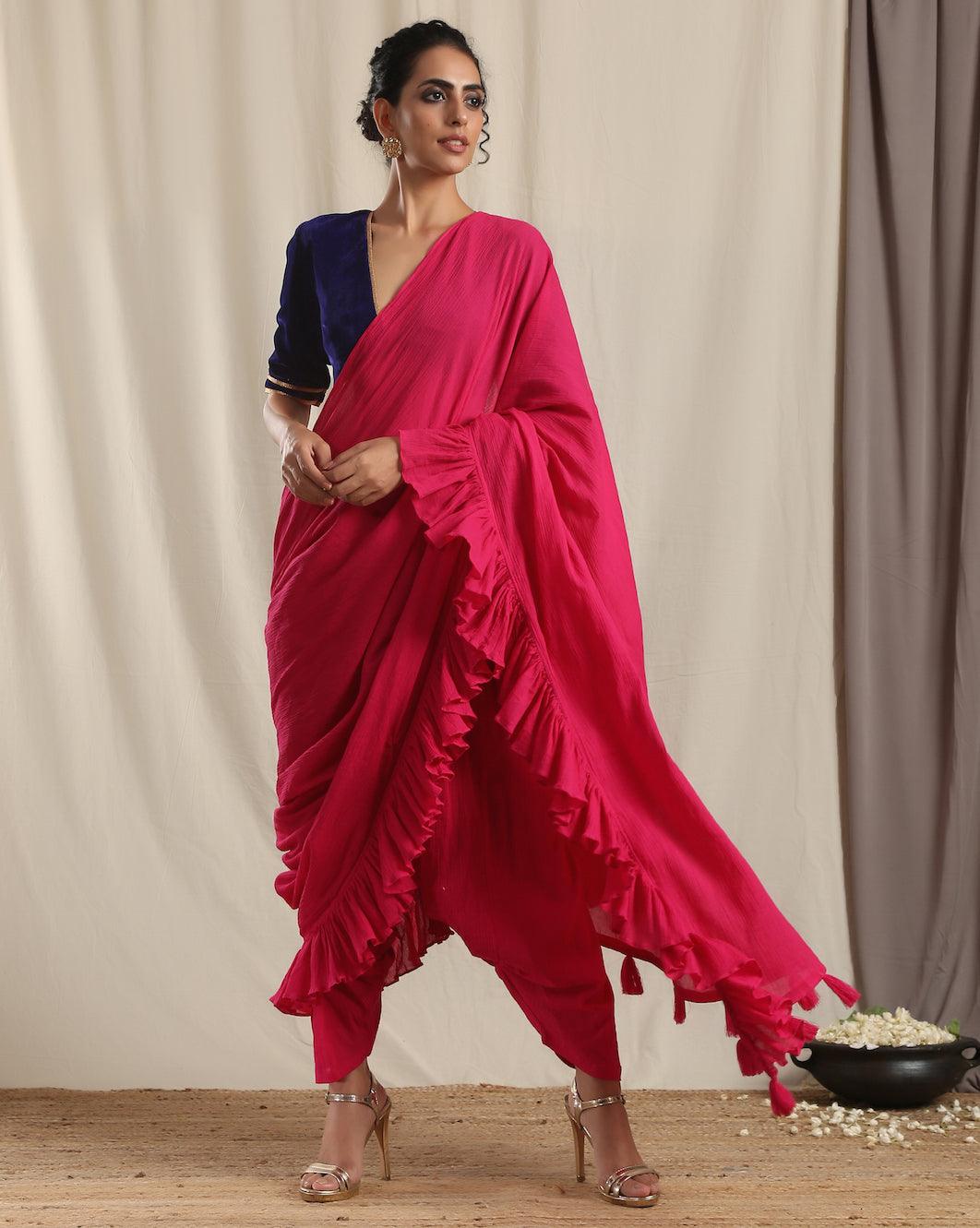 Pink Crinkle Ready to Wear Ruffle Tassel Saree - trueBrowns