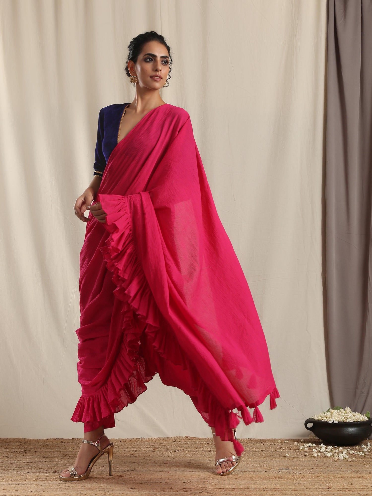 Pink Crinkle Ready to Wear Ruffle Tassel Saree - trueBrowns
