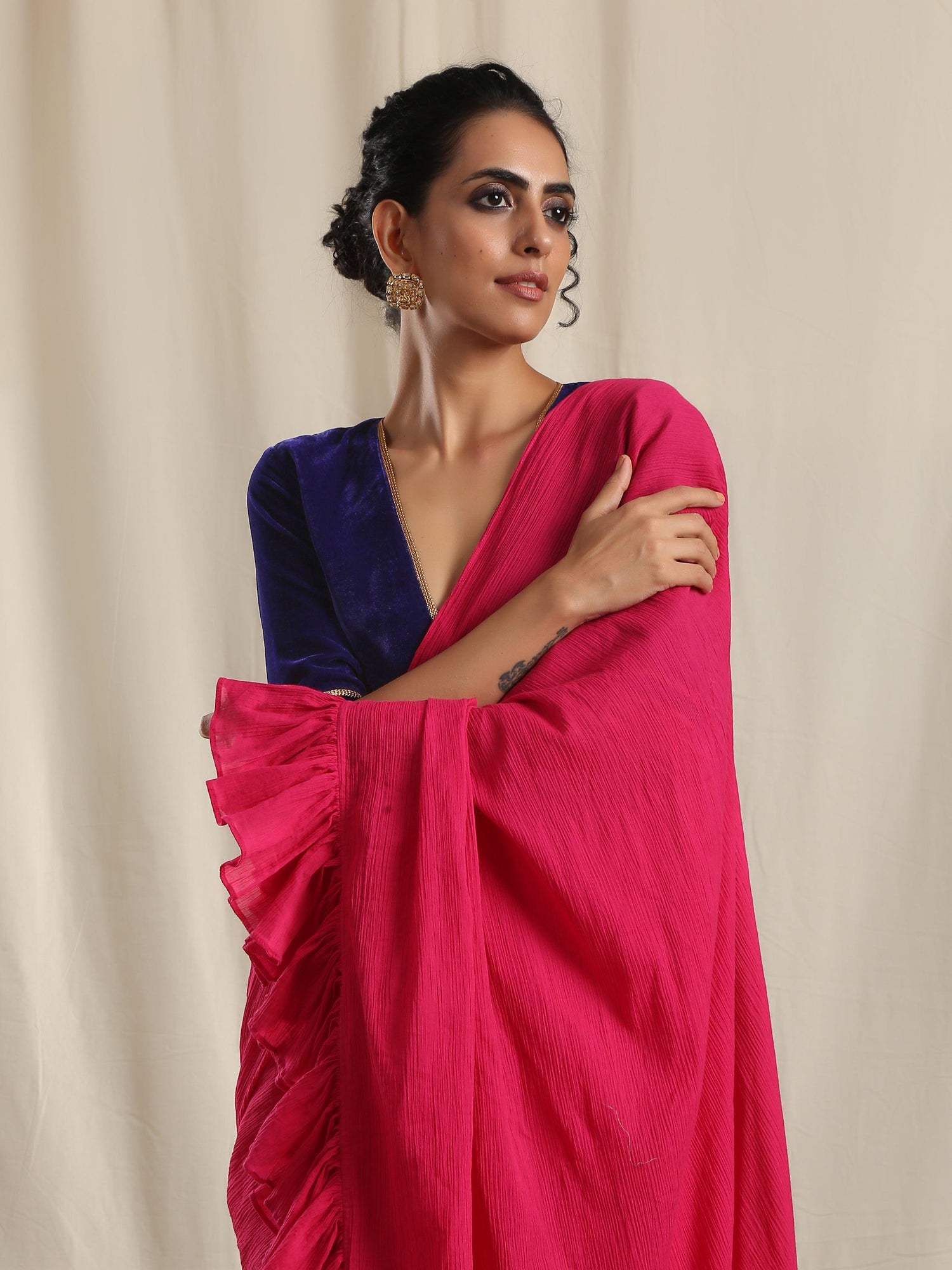 Pink Crinkle Ready to Wear Ruffle Tassel Saree - trueBrowns