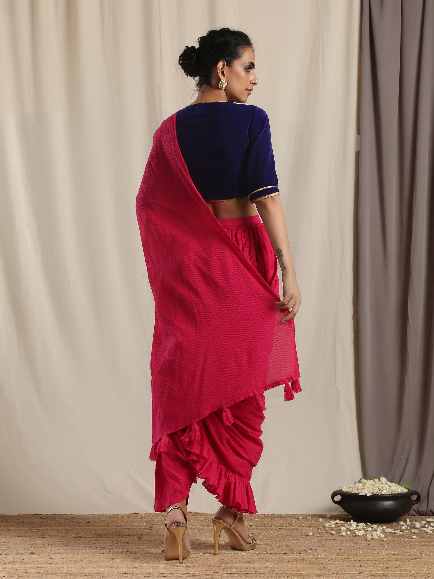 Pink Crinkle Ready to Wear Ruffle Tassel Saree - trueBrowns