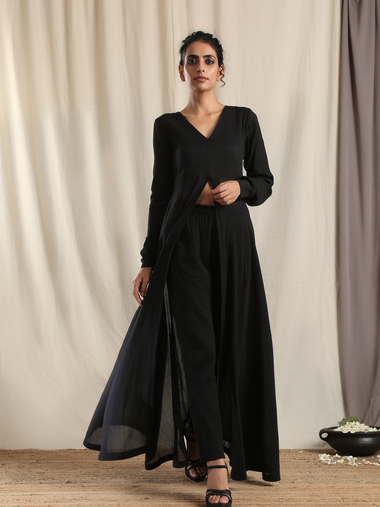 Black Crinkle Front Slit Kurta - trueBrowns