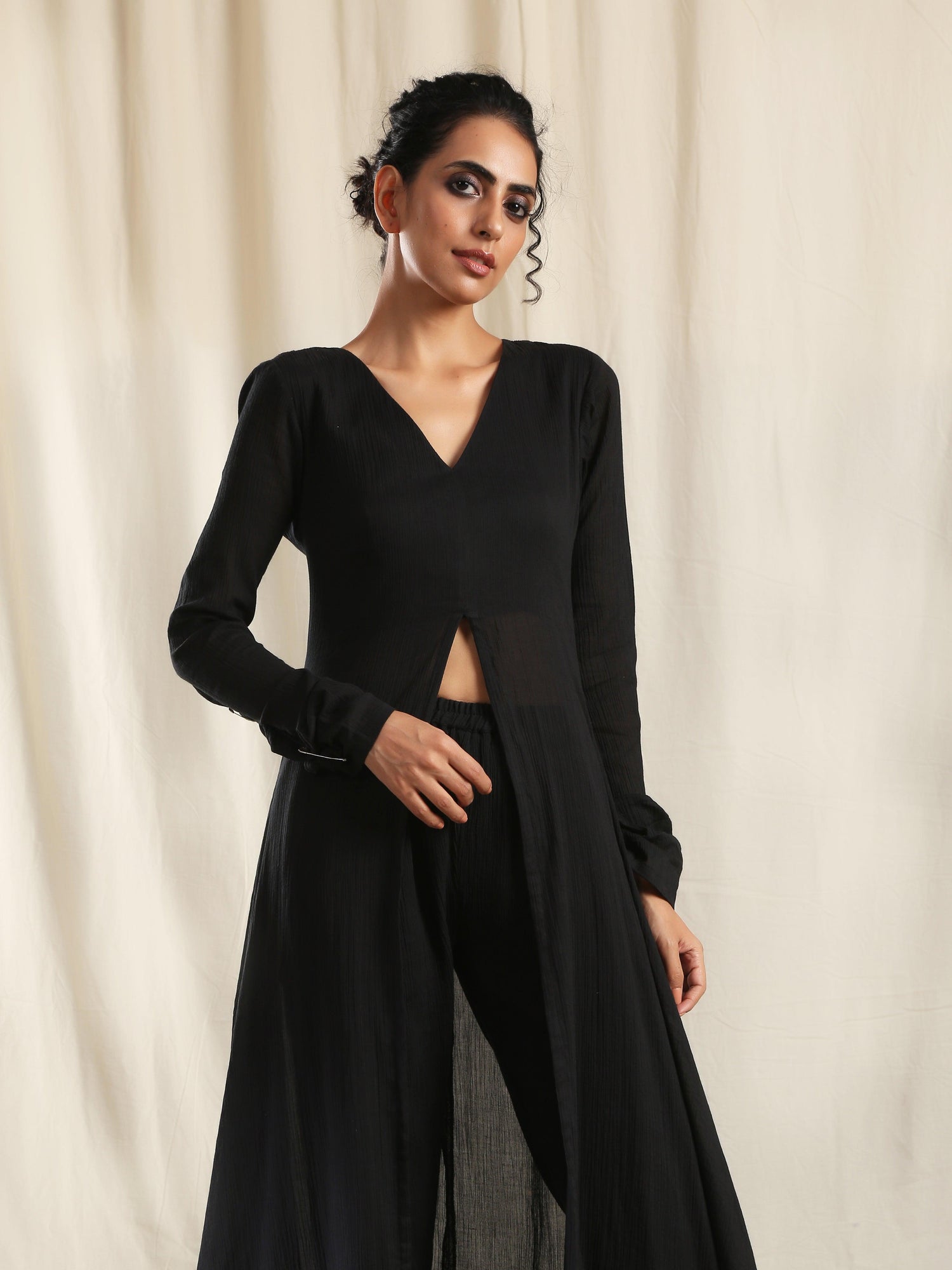 Black Crinkle Front Slit Kurta - trueBrowns