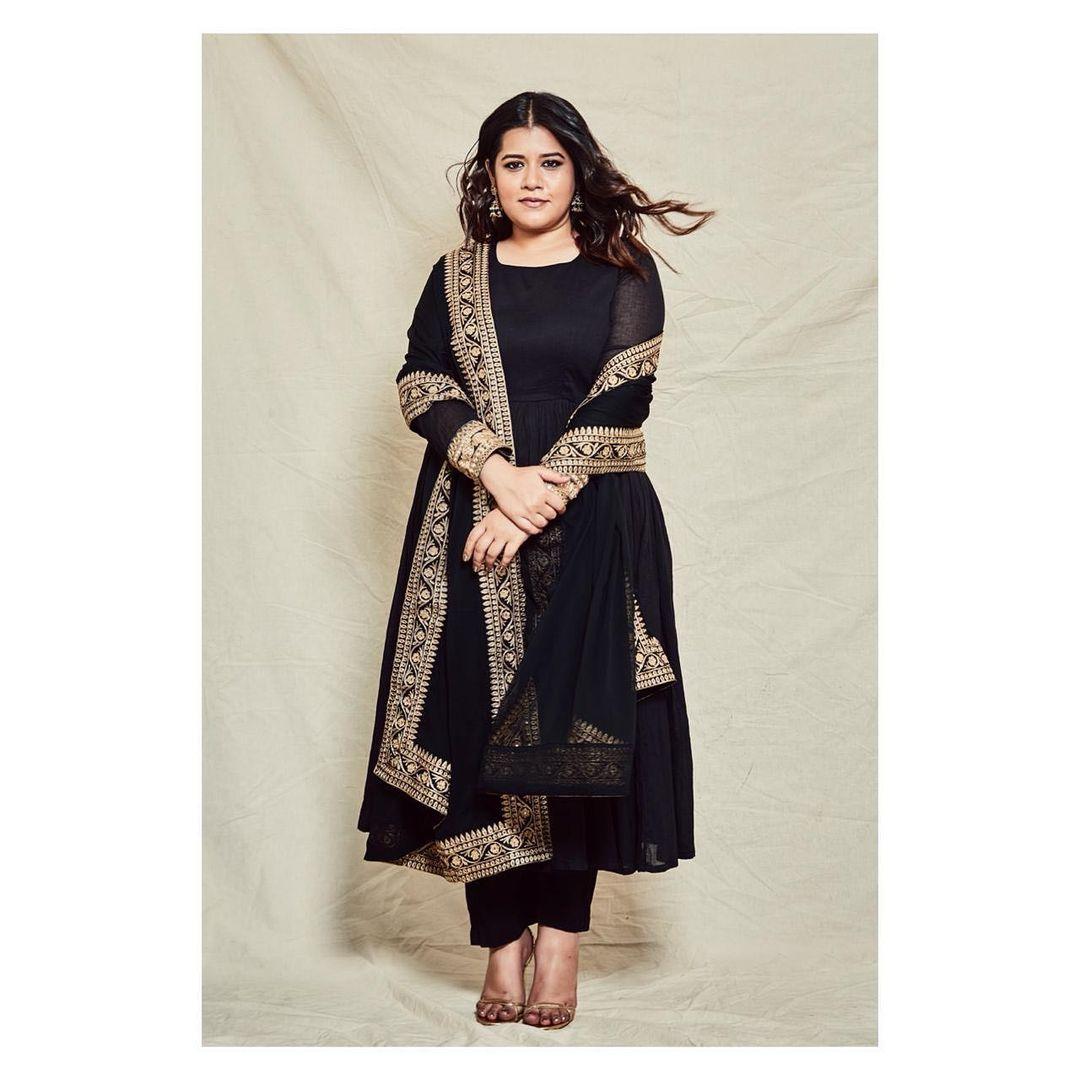 Black Crinkle Flared Kurta Pant Dupatta Set - trueBrowns