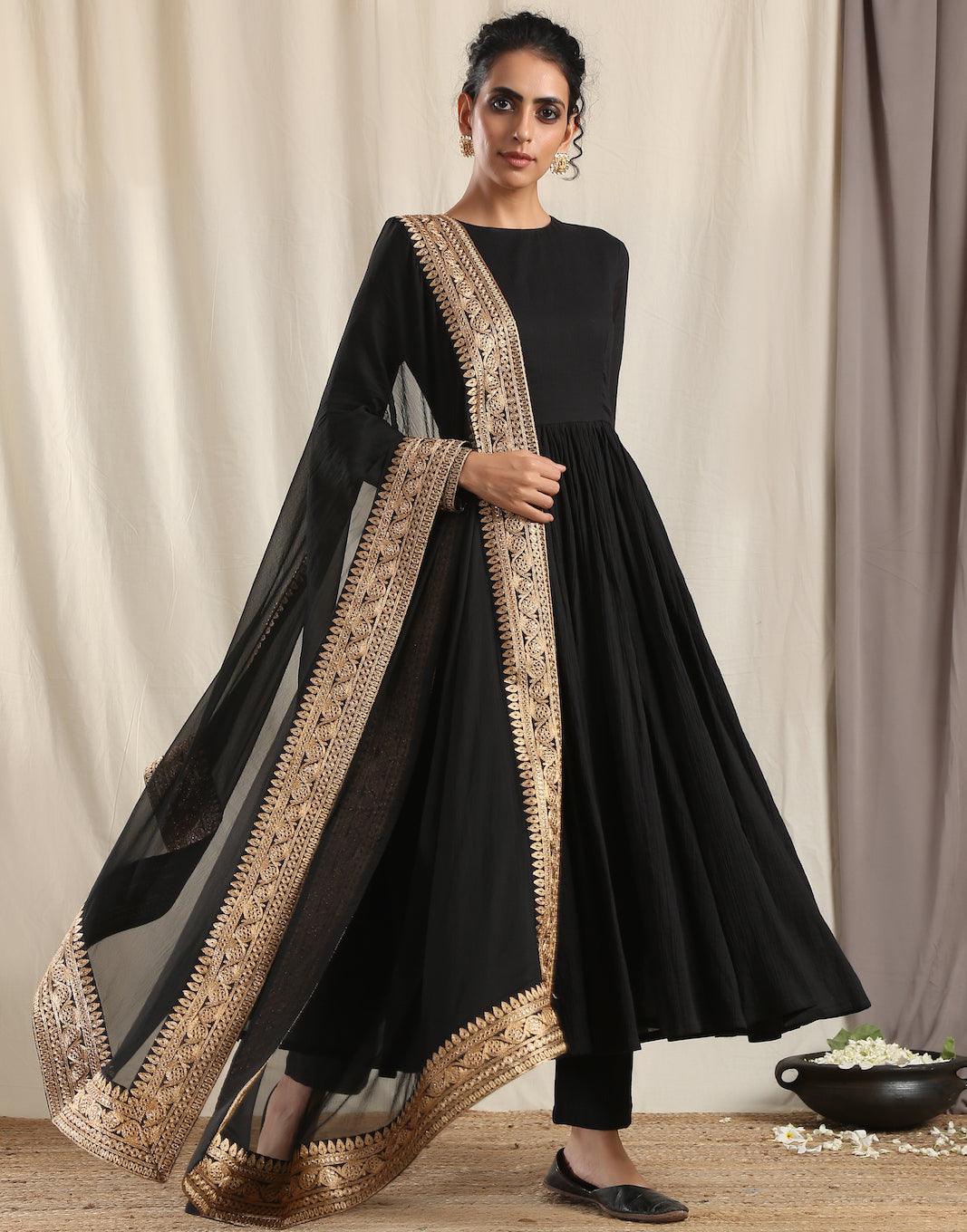 Black Crinkle Flared Kurta Pant Dupatta Set - trueBrowns