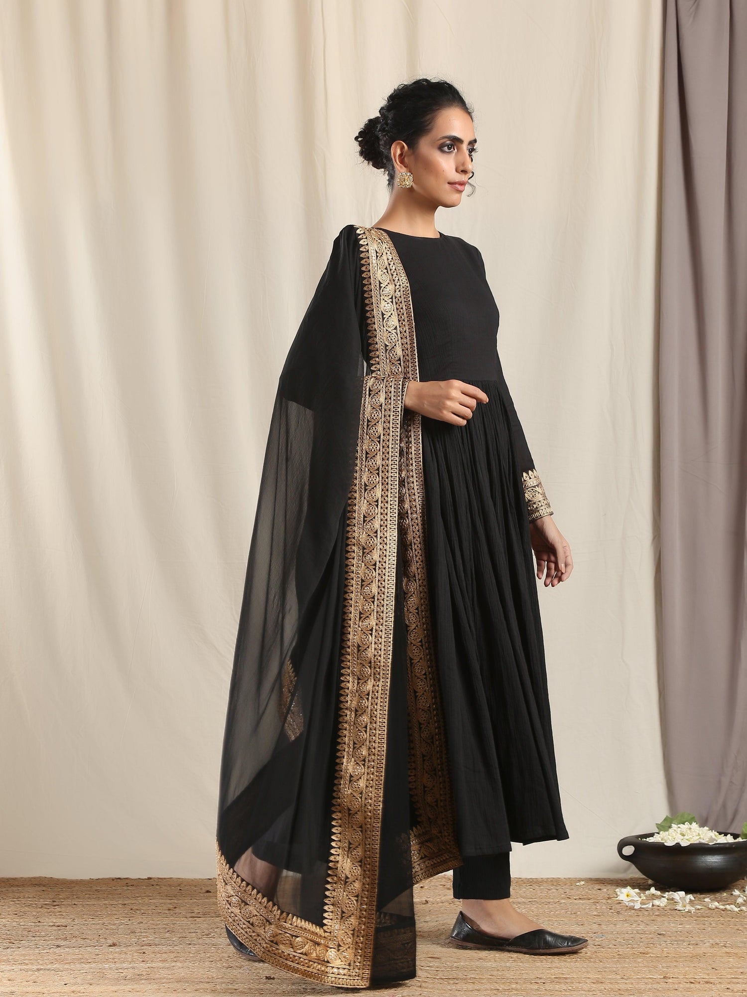 Black Crinkle Flared Kurta Pant Dupatta Set - trueBrowns