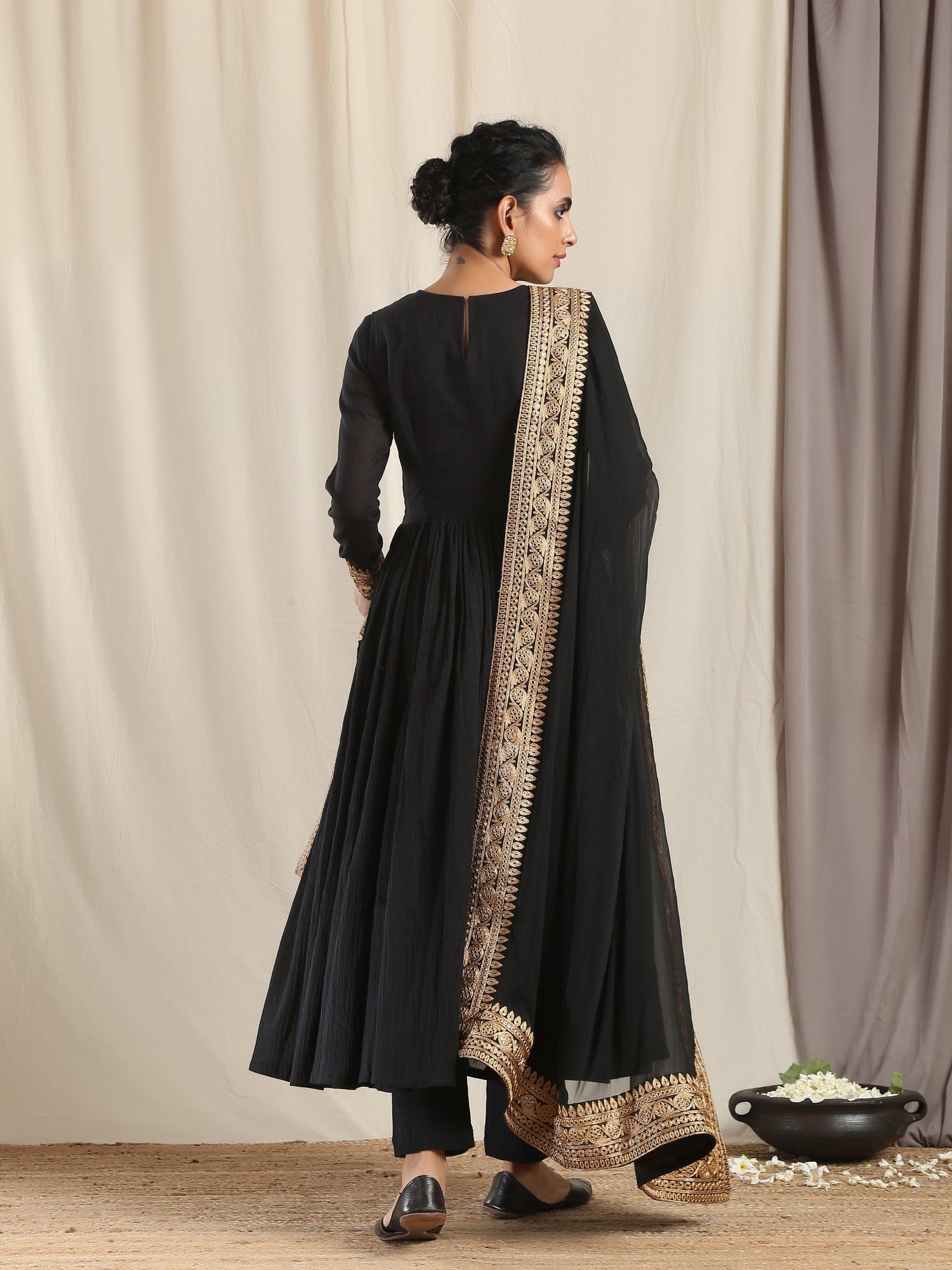Black Crinkle Flared Kurta Pant Dupatta Set - trueBrowns