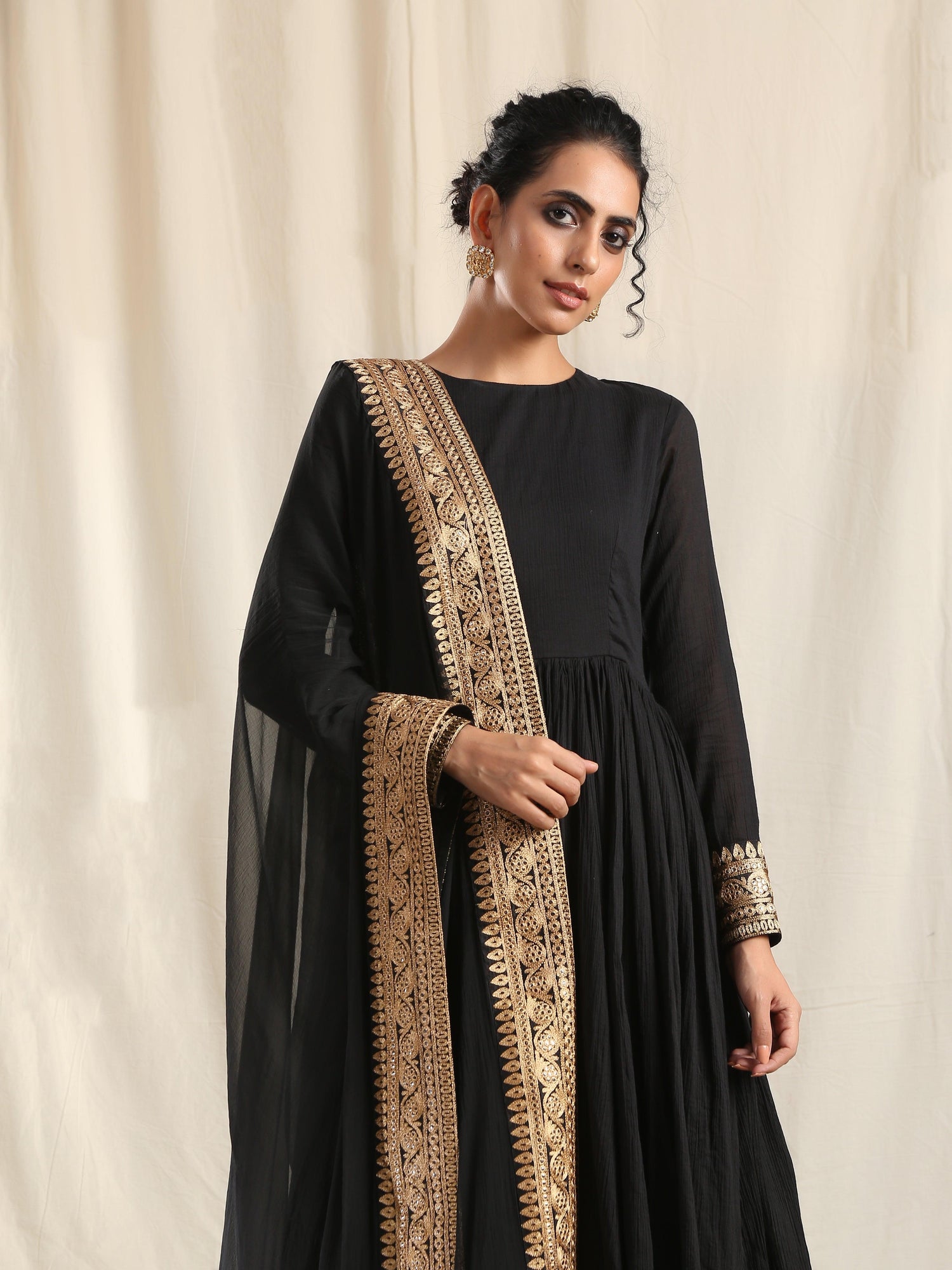 Black Crinkle Flared Kurta Pant Dupatta Set - trueBrowns