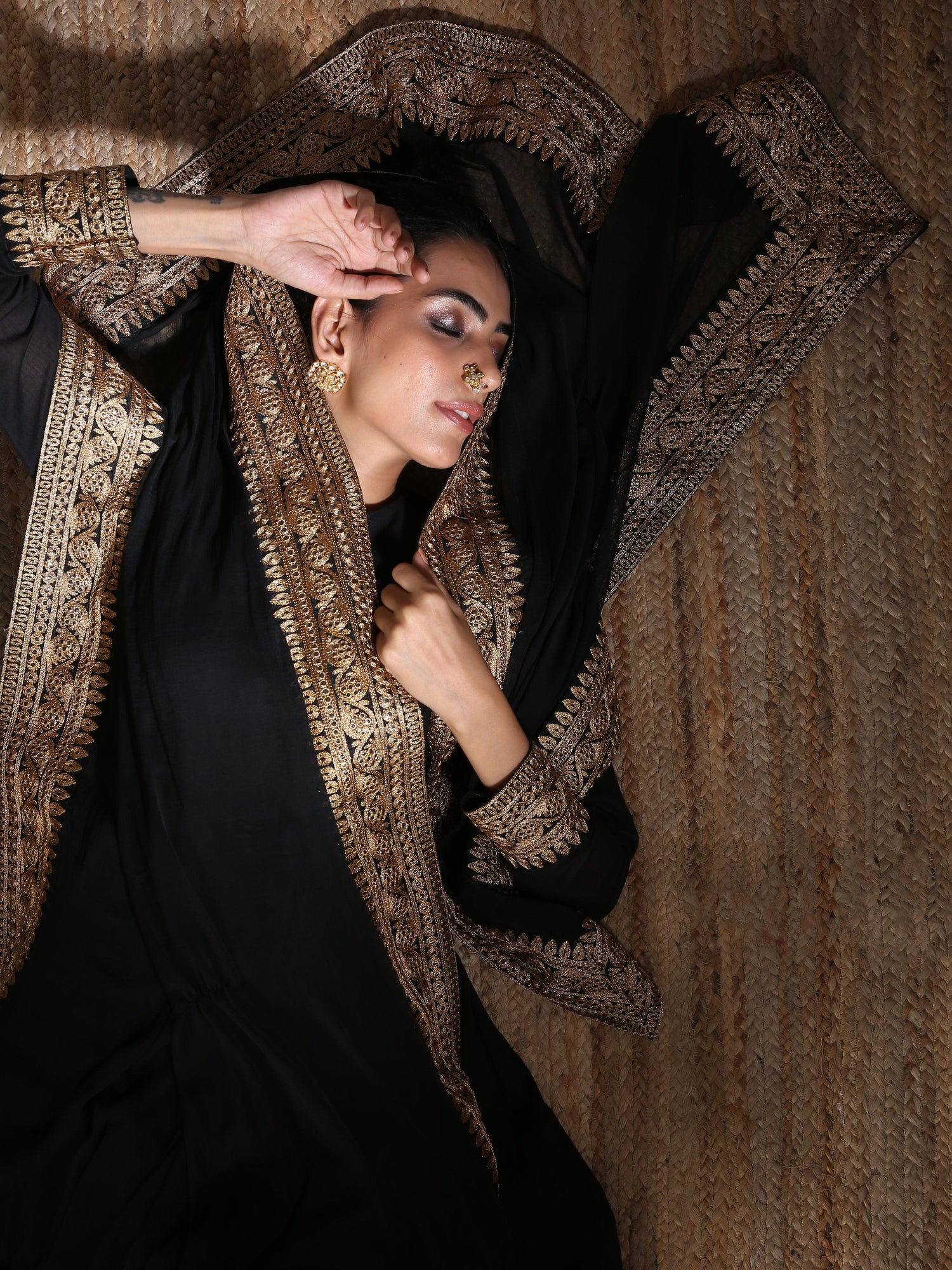 Black Crinkle Flared Kurta Pant Dupatta Set - trueBrowns
