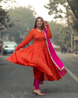 Orange Crinkle Flared Kurta Pant Dupatta Set