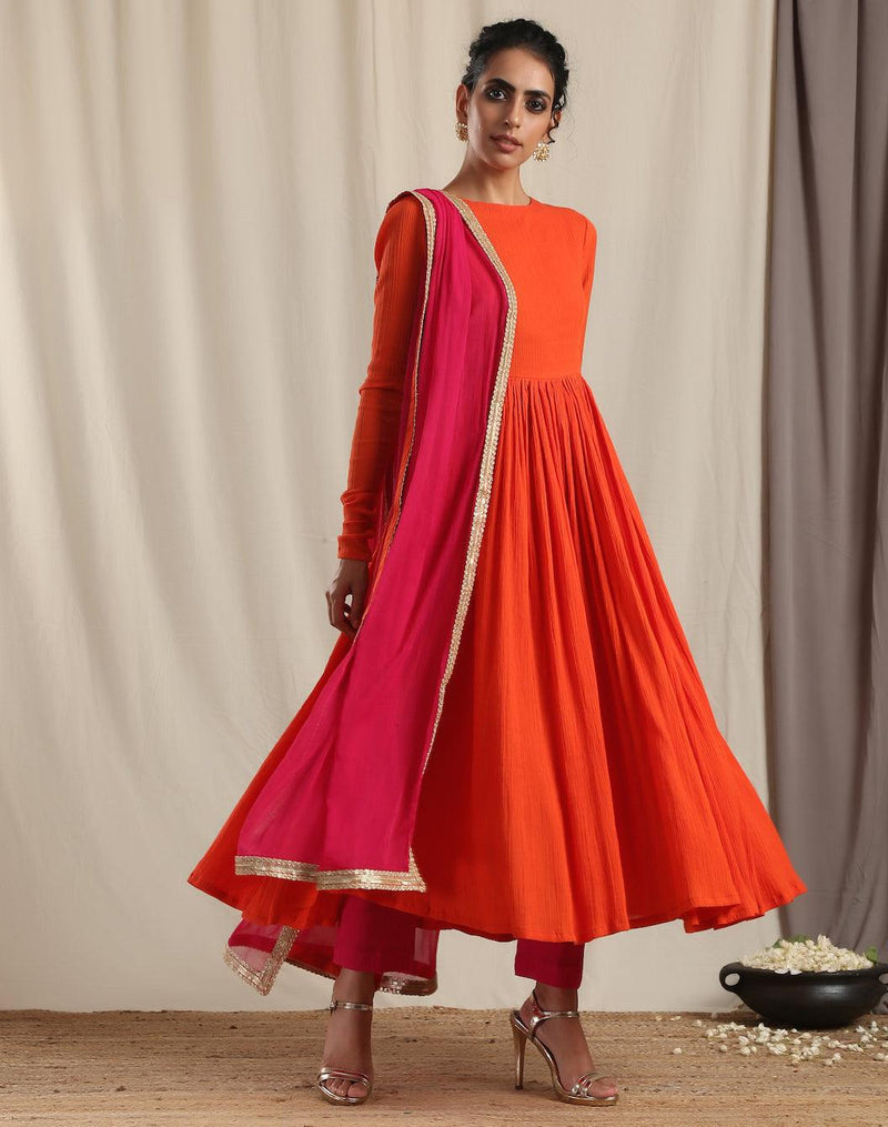 Orange Crinkle Flared Kurta Pant Dupatta Set