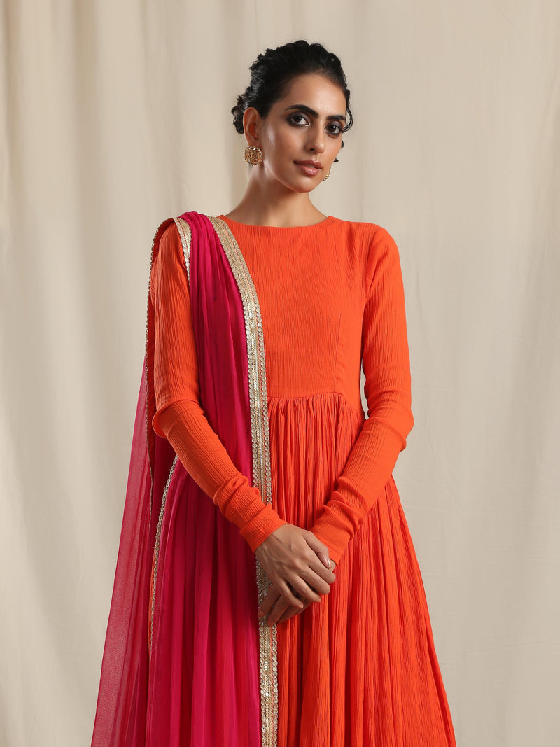 Orange Crinkle Flared Kurta Pant Dupatta Set