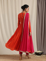 Orange Crinkle Flared Kurta Pant Dupatta Set
