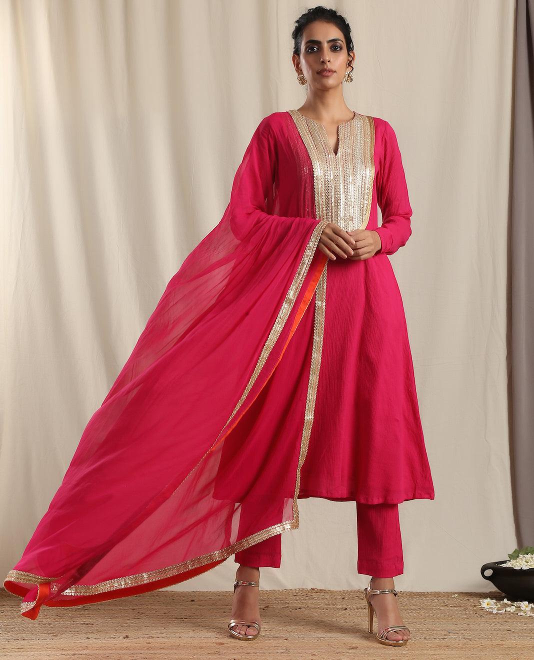 Pink Crinkle Flared Gota Kurta Pant Dupatta Set - trueBrowns