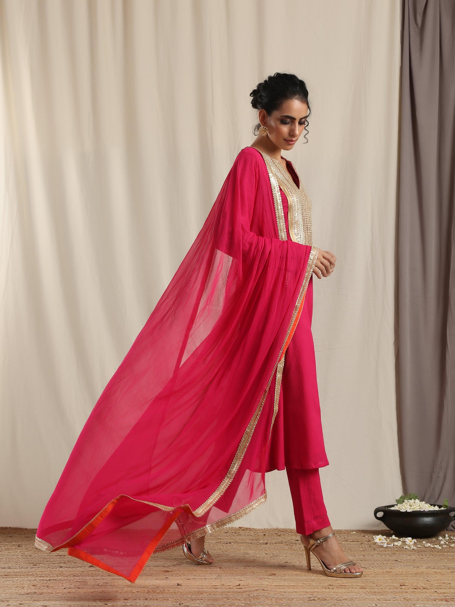 Pink Crinkle Flared Gota Kurta Pant Dupatta Set - trueBrowns
