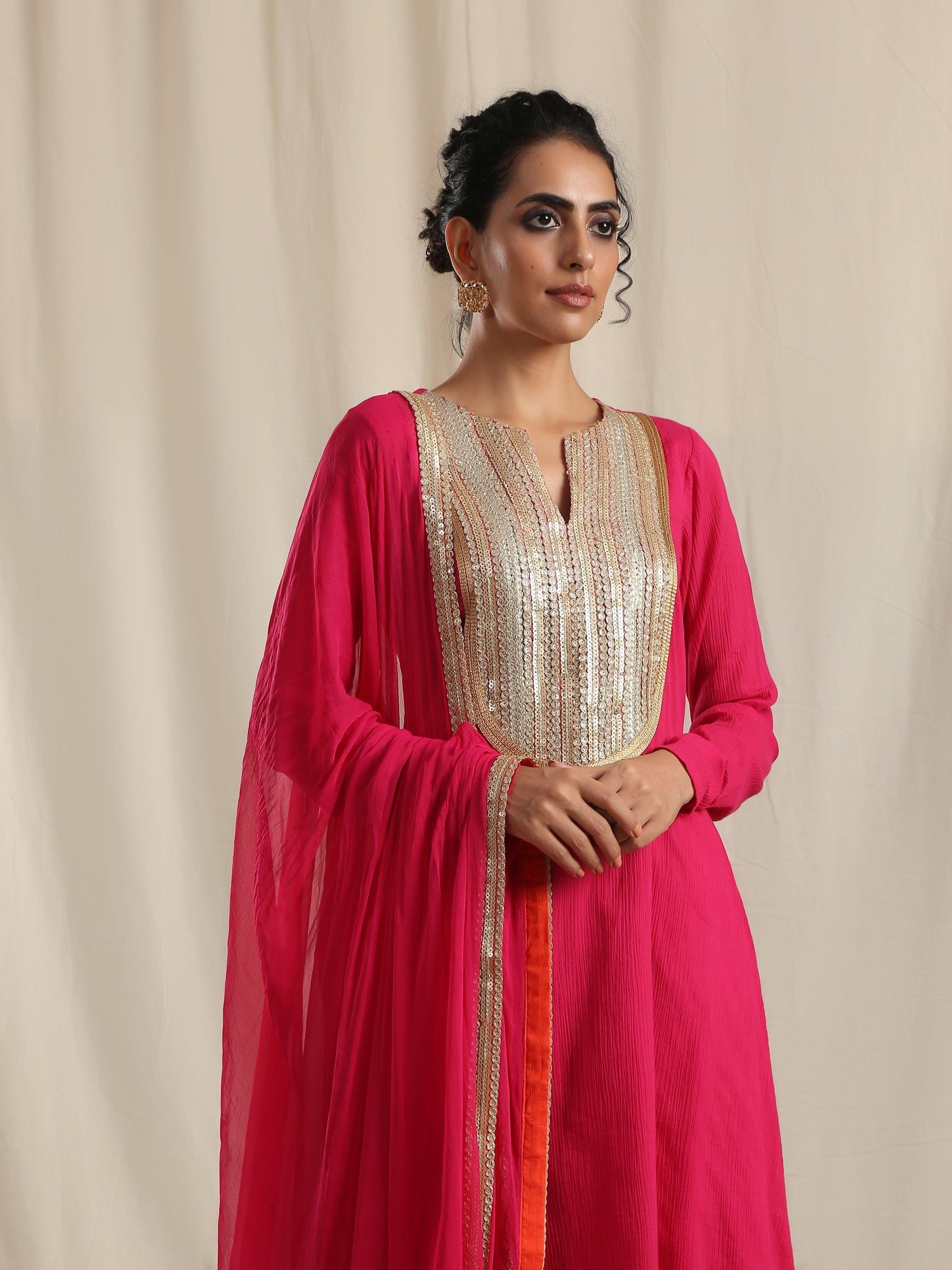Pink Crinkle Flared Gota Kurta Pant Dupatta Set - trueBrowns