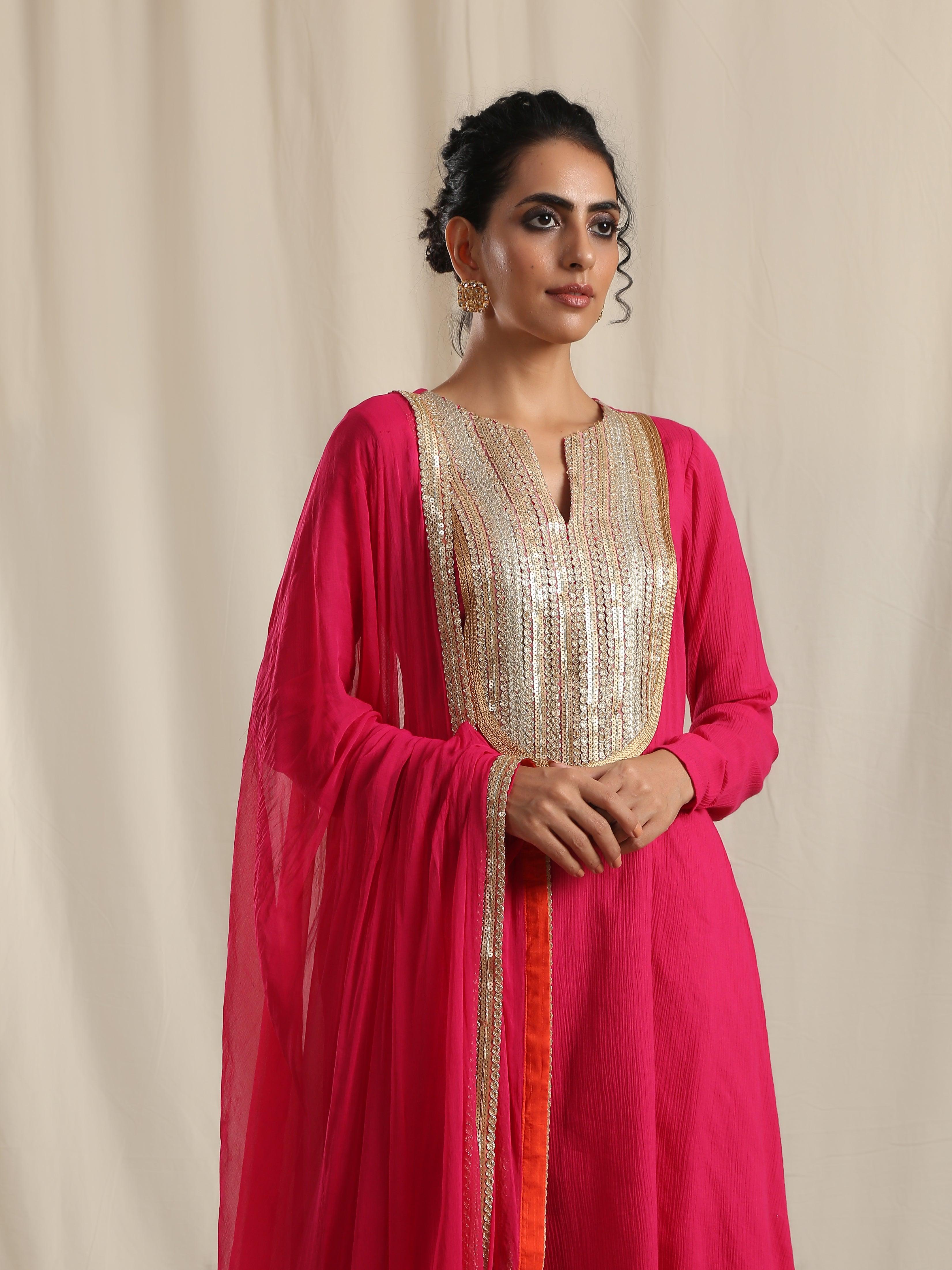 Pink Crinkle Flared Gota Kurta Pant Dupatta Set - trueBrowns