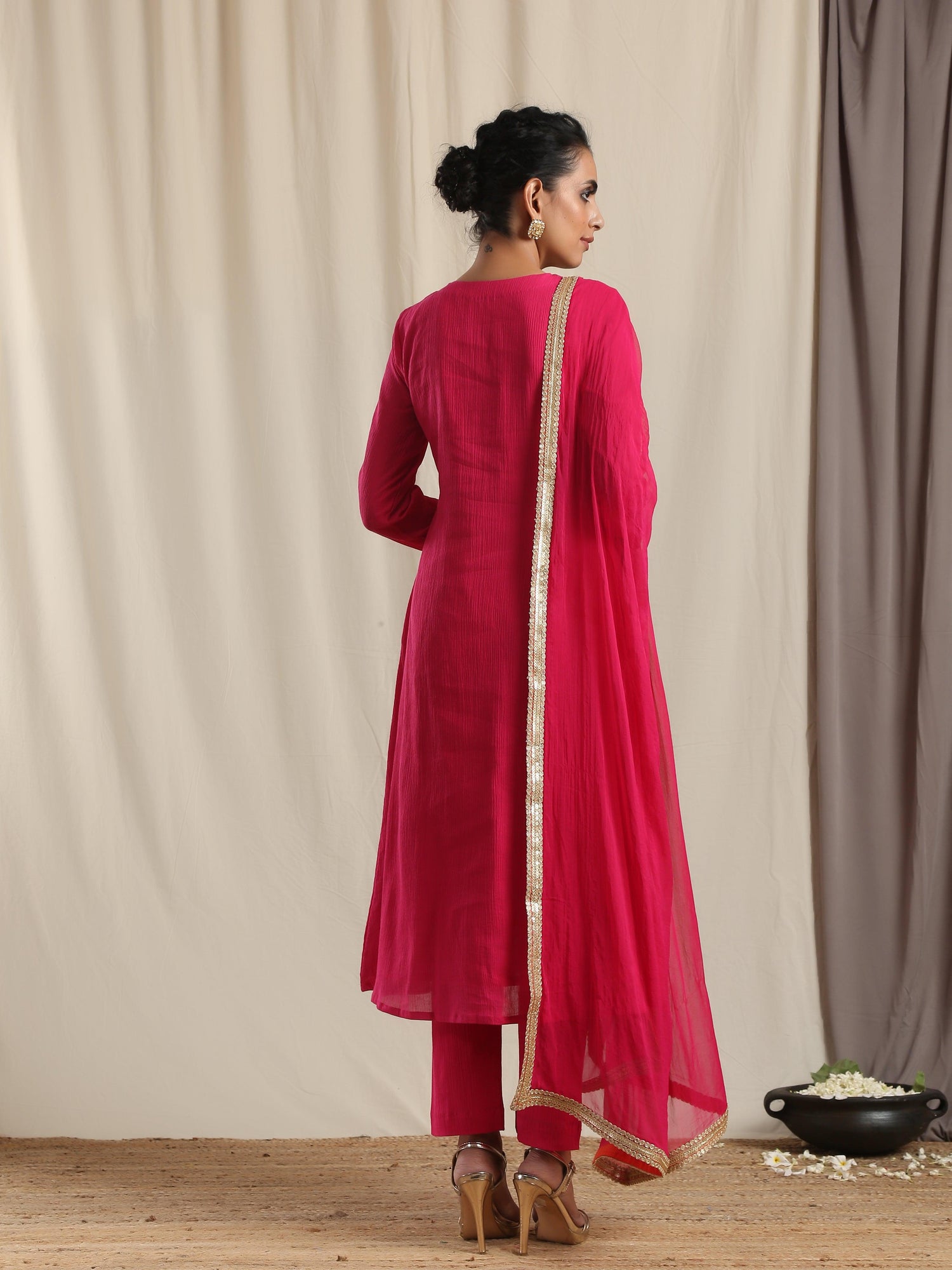 Pink Crinkle Flared Gota Kurta Pant Dupatta Set - trueBrowns