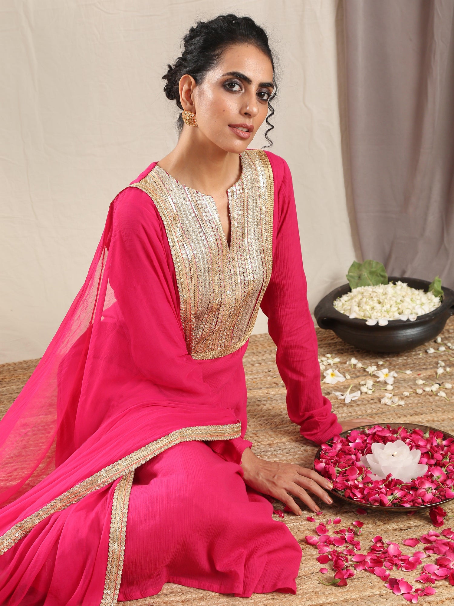 Pink Crinkle Flared Gota Kurta Pant Dupatta Set - trueBrowns