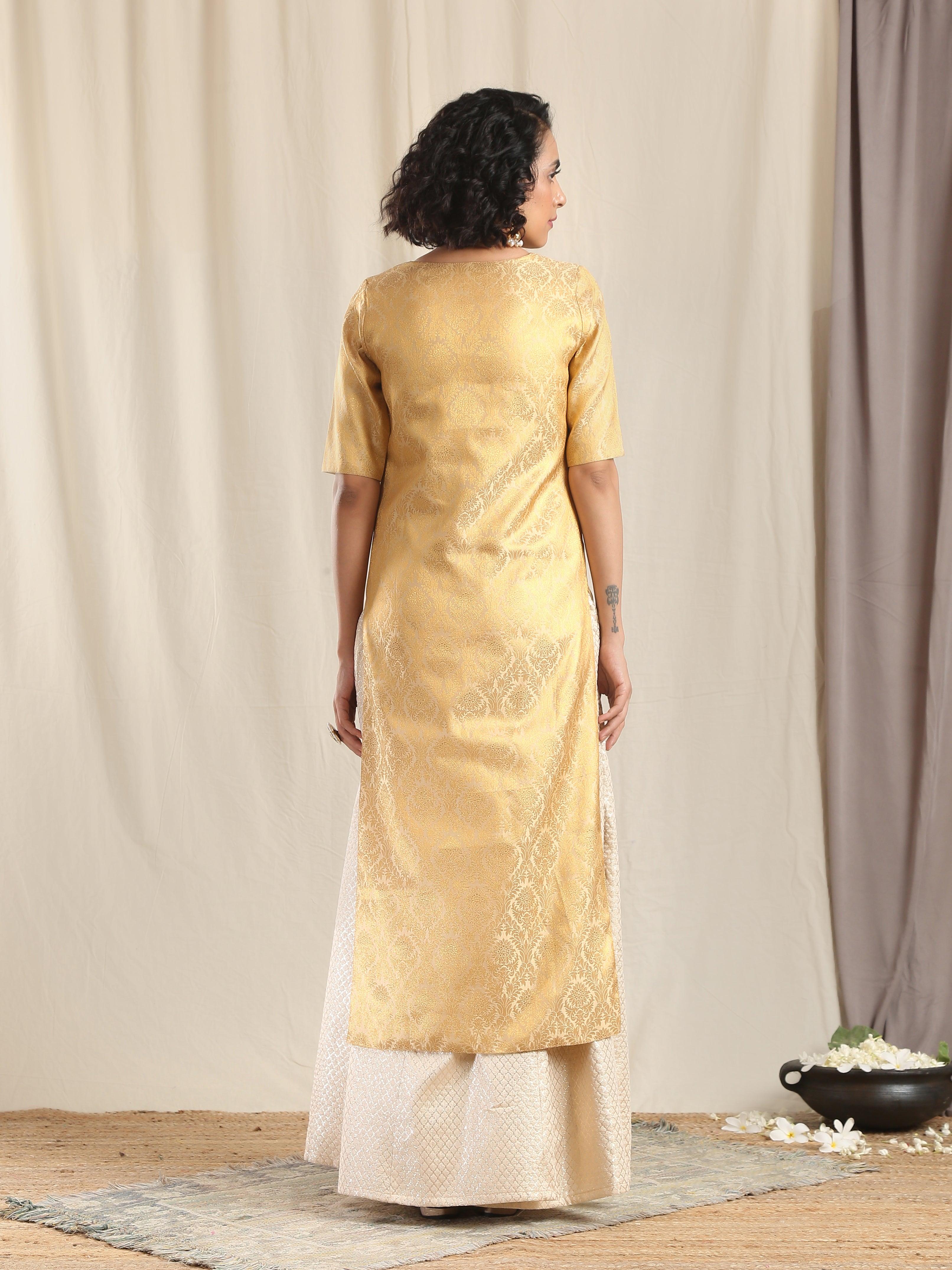 Ivory Gold Brocade Slit Kurta Skirt Set - trueBrowns