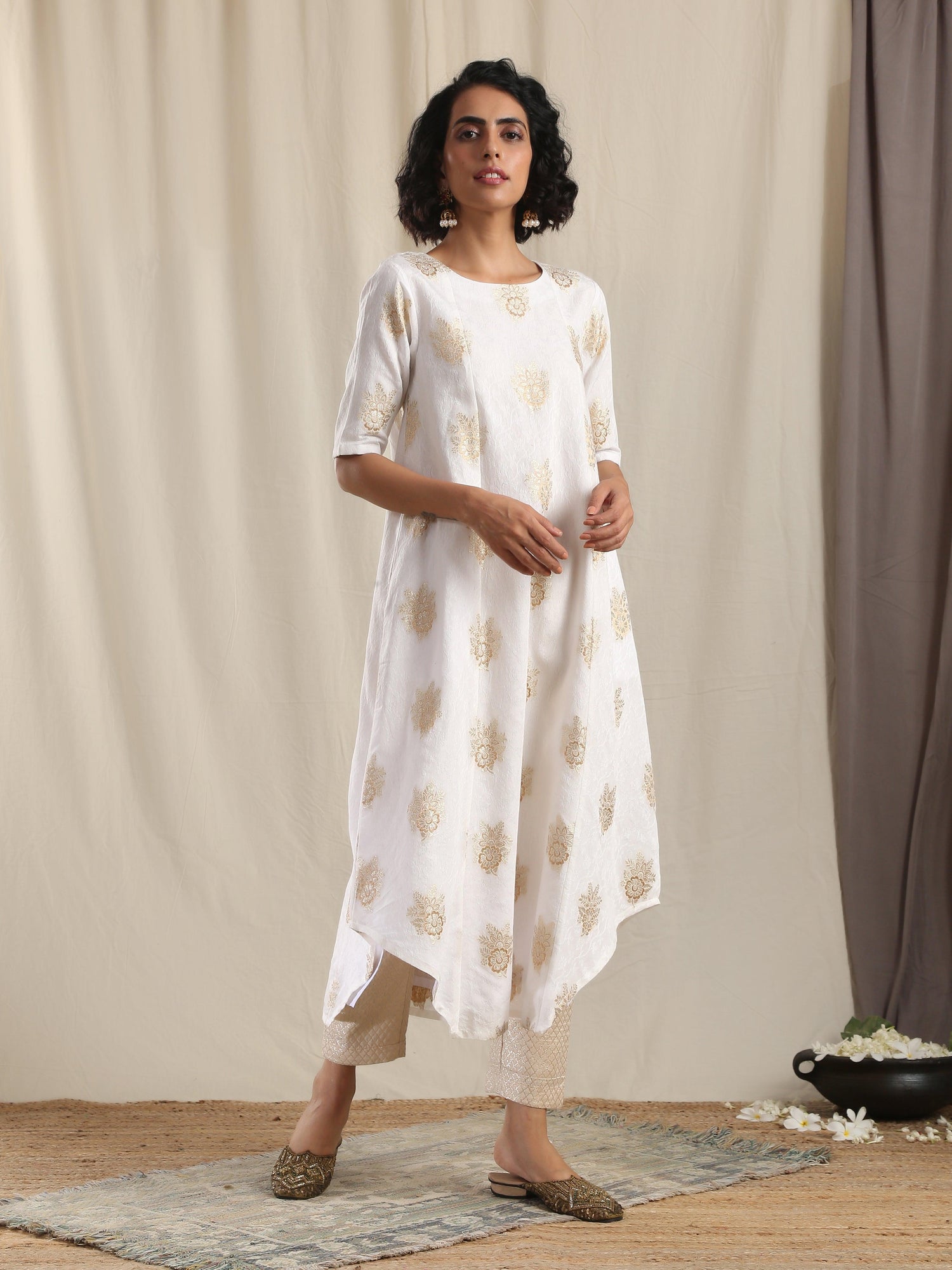 White Gold Modal Silk Asymmetric Kurta Pant Set - trueBrowns