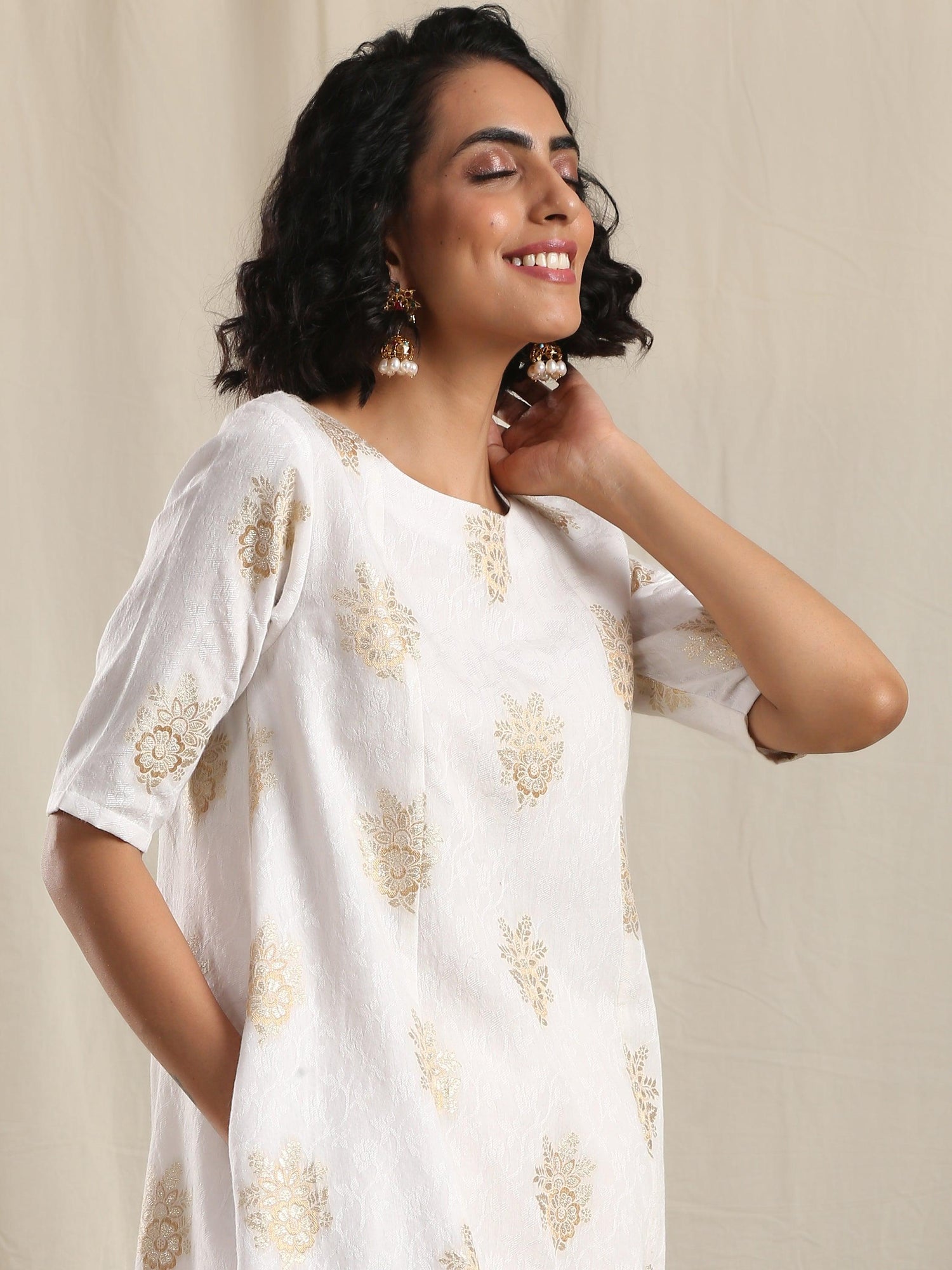 White Gold Modal Silk Asymmetric Kurta Pant Set - trueBrowns