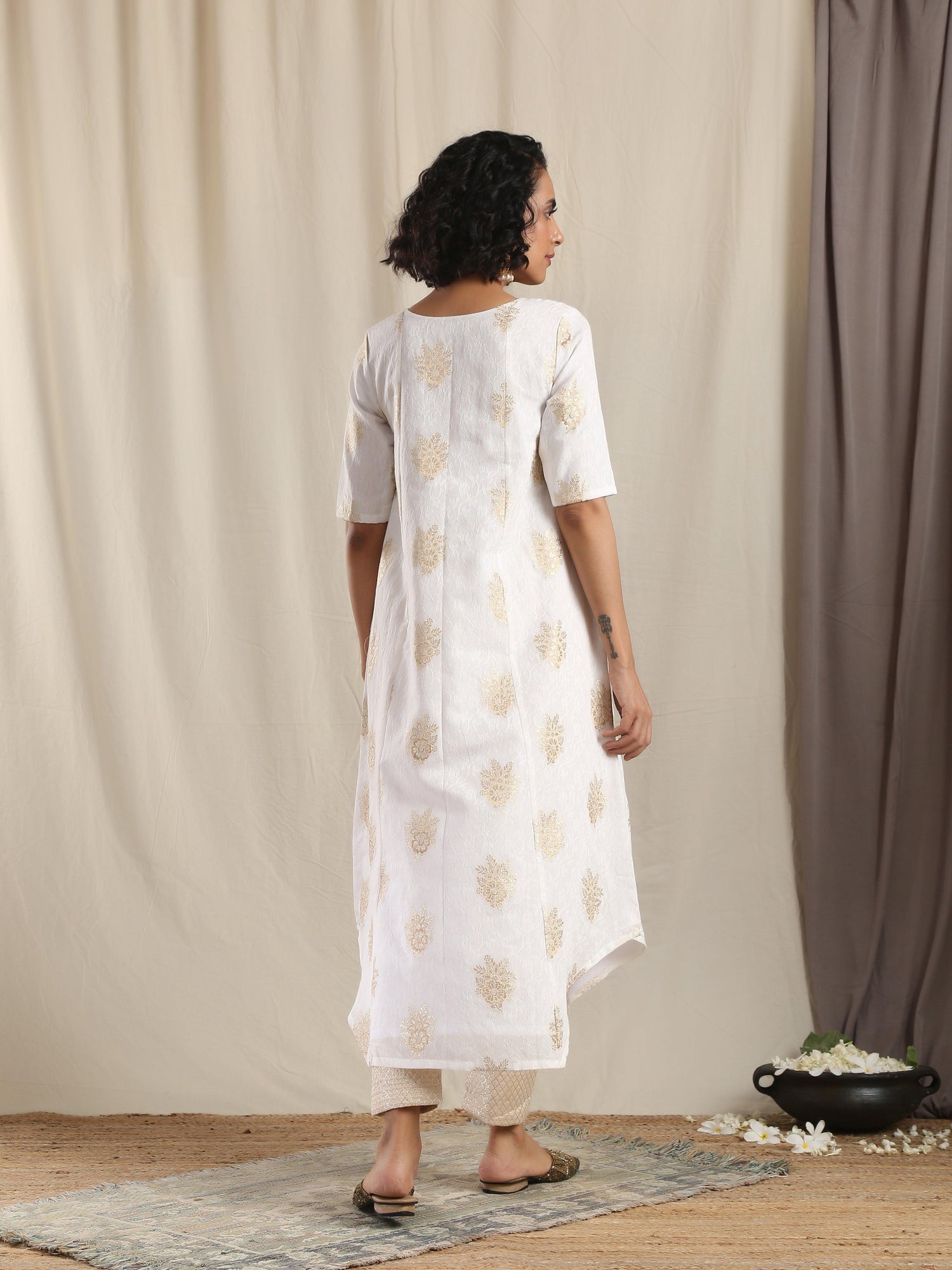 White Gold Modal Silk Asymmetric Kurta Pant Set - trueBrowns
