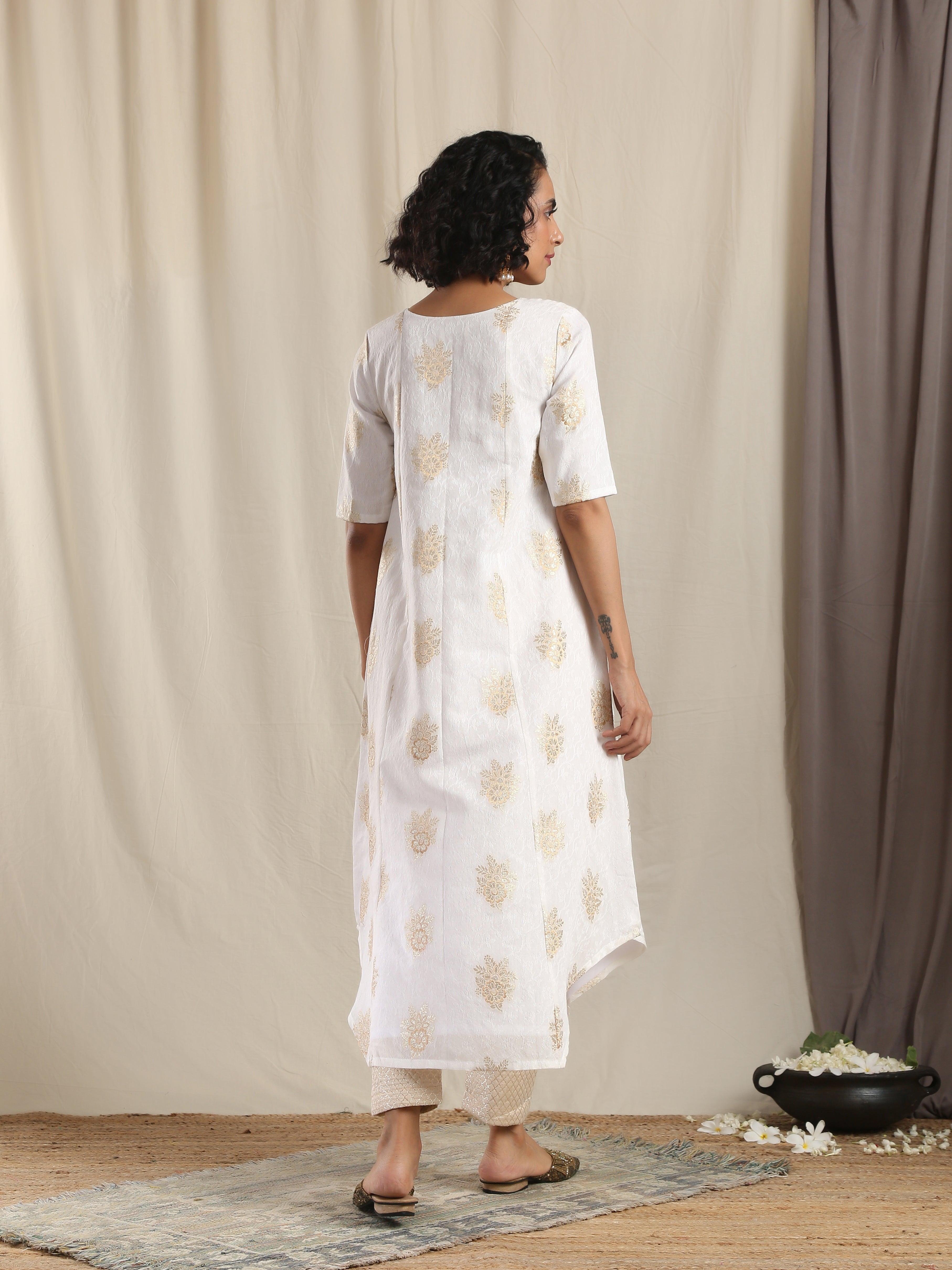 White Gold Modal Silk Asymmetric Kurta Pant Set - trueBrowns