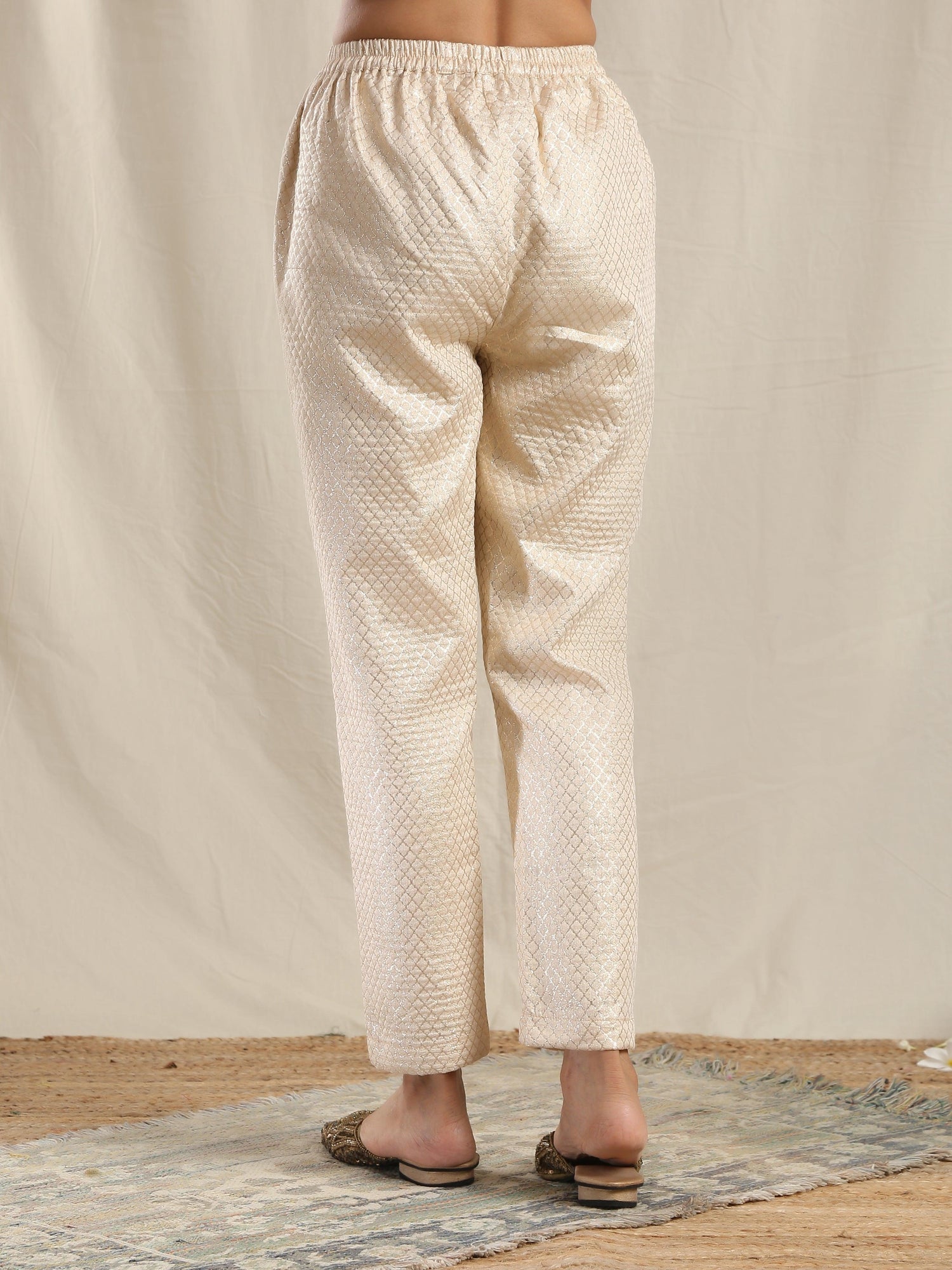 White Gold Modal Silk Asymmetric Kurta Pant Set - trueBrowns