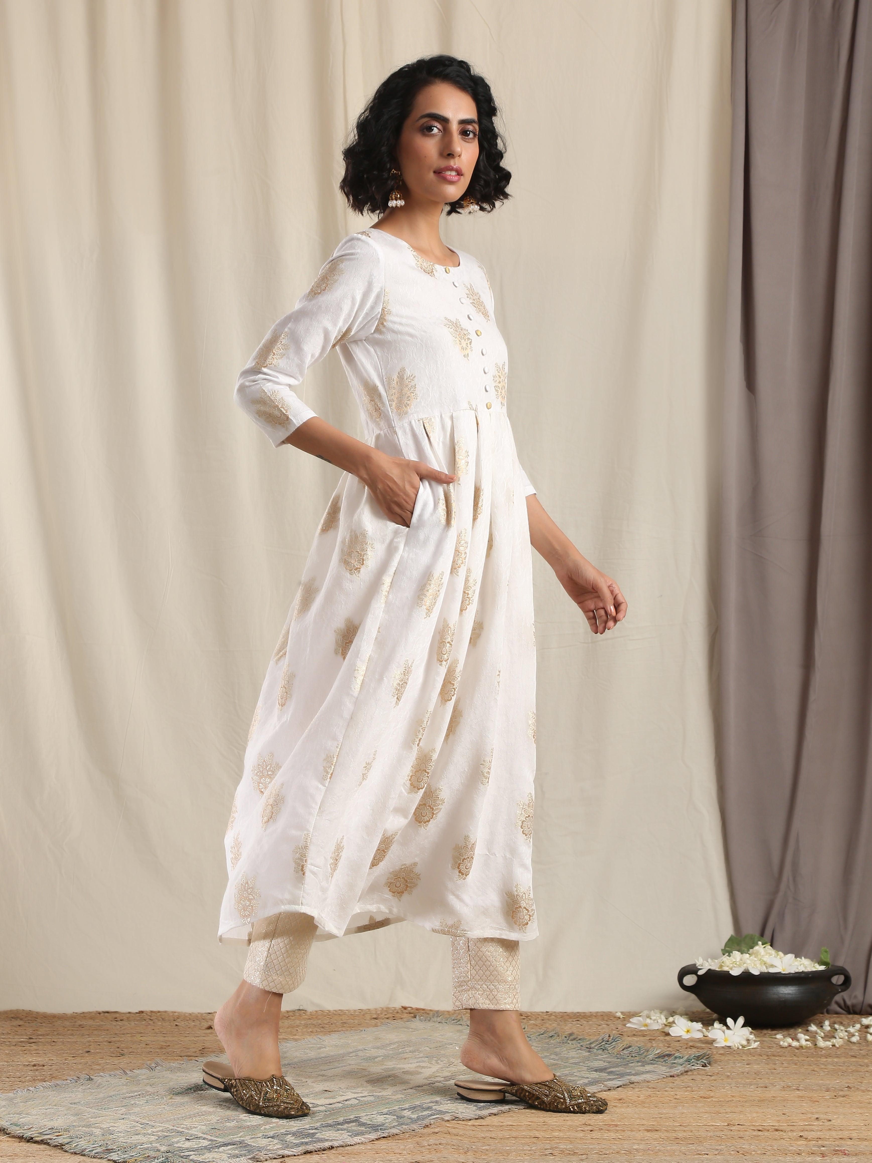 White Gold Modal Silk Pleated Kurta Pant Set - trueBrowns