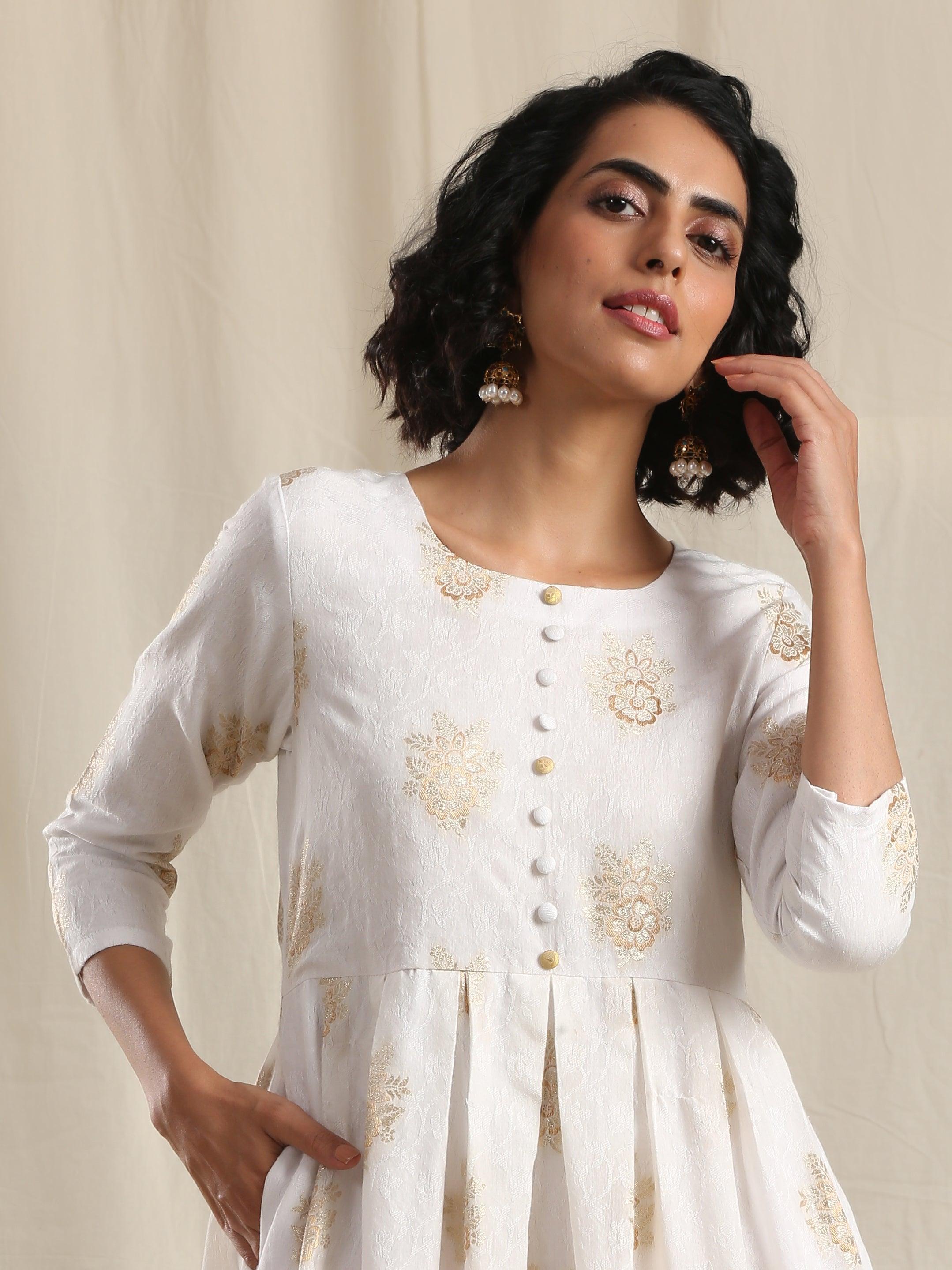 White Gold Modal Silk Pleated Kurta Pant Set - trueBrowns