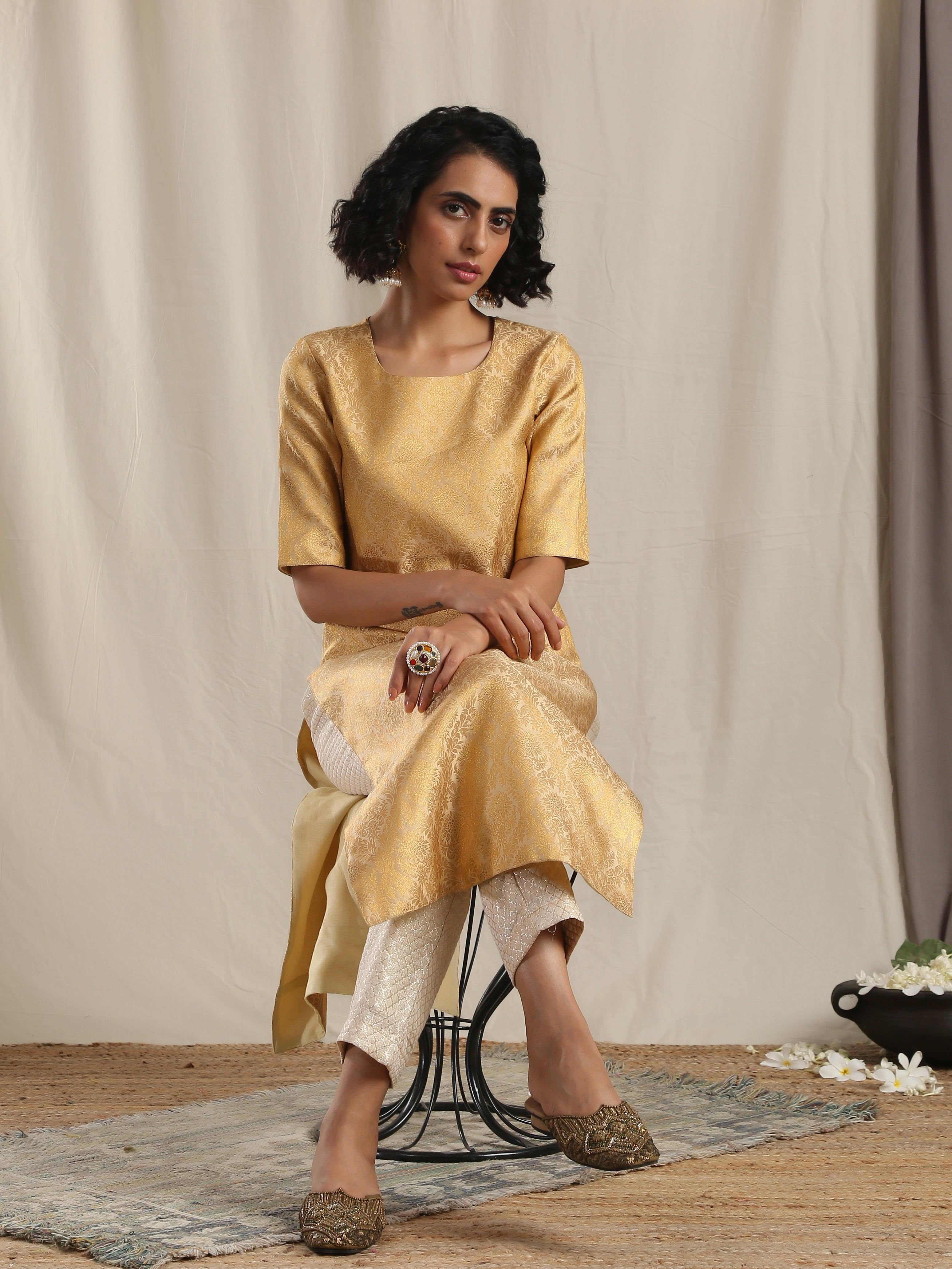 Gold Brocade Slit Kurta Pant Set - trueBrowns