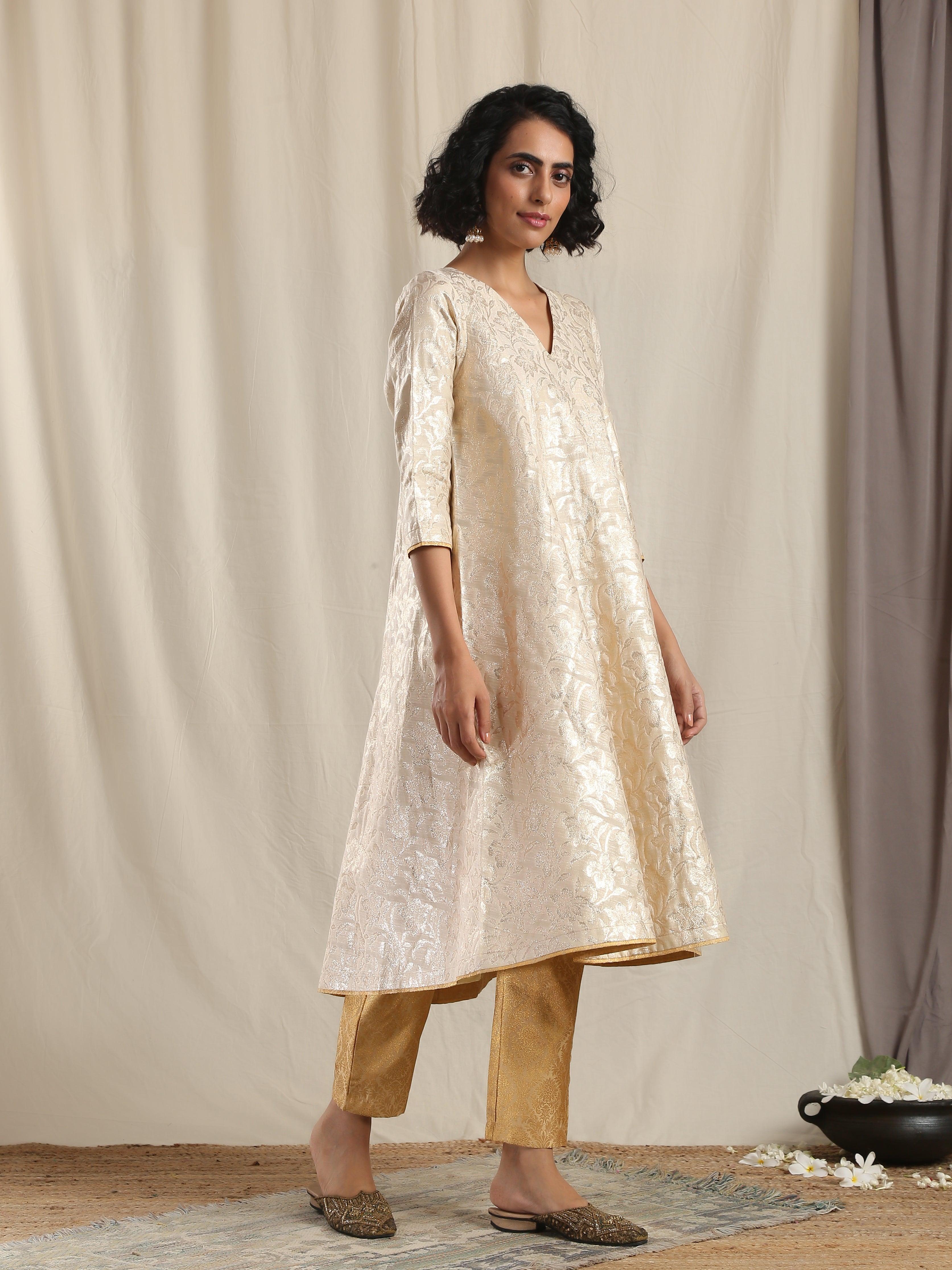 Beige Gold Modal Silk Flared Kurta Pant Set - trueBrowns
