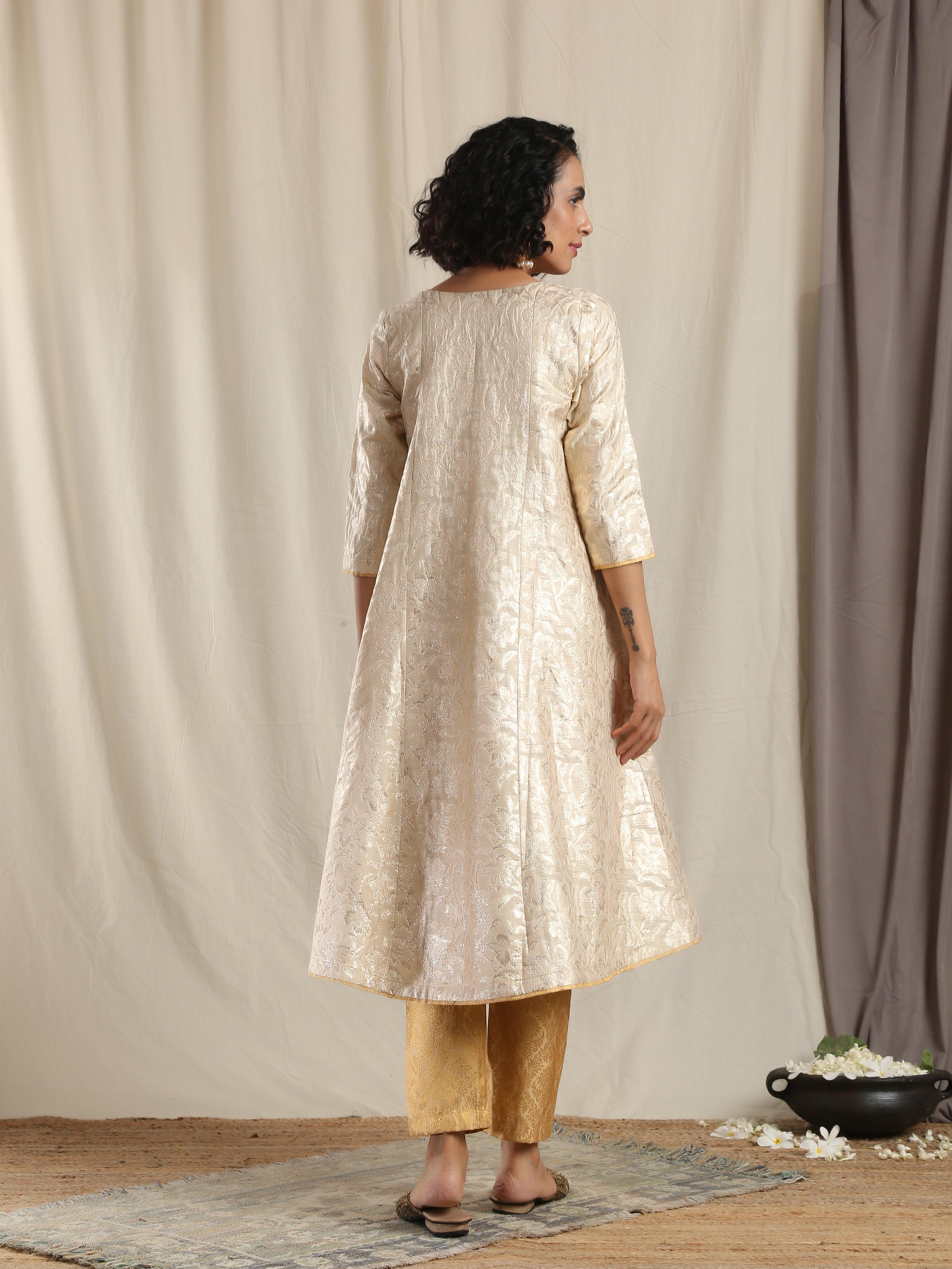 Beige Gold Modal Silk Flared Kurta Pant Set - trueBrowns
