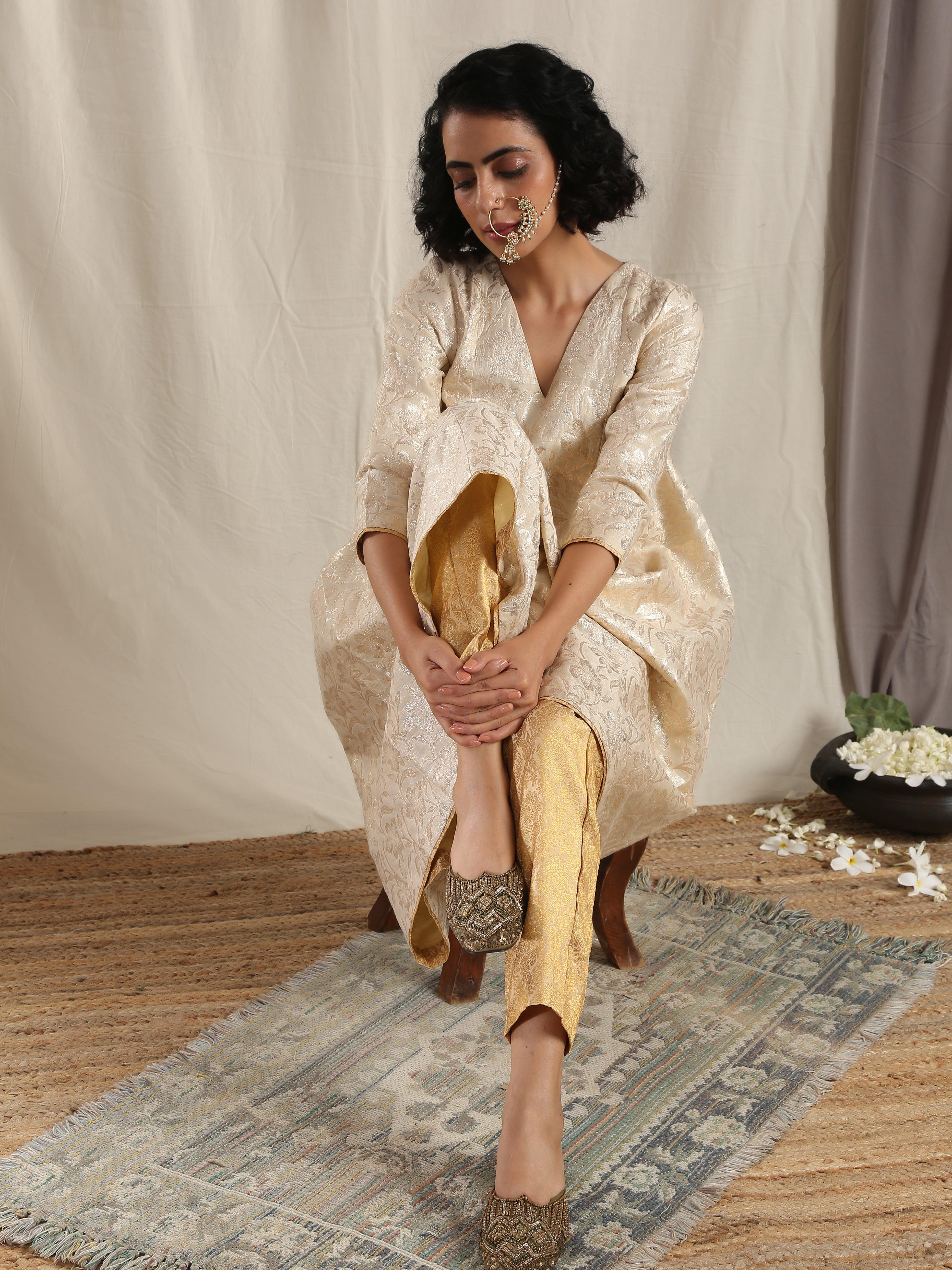 Beige Gold Modal Silk Flared Kurta Pant Set - trueBrowns