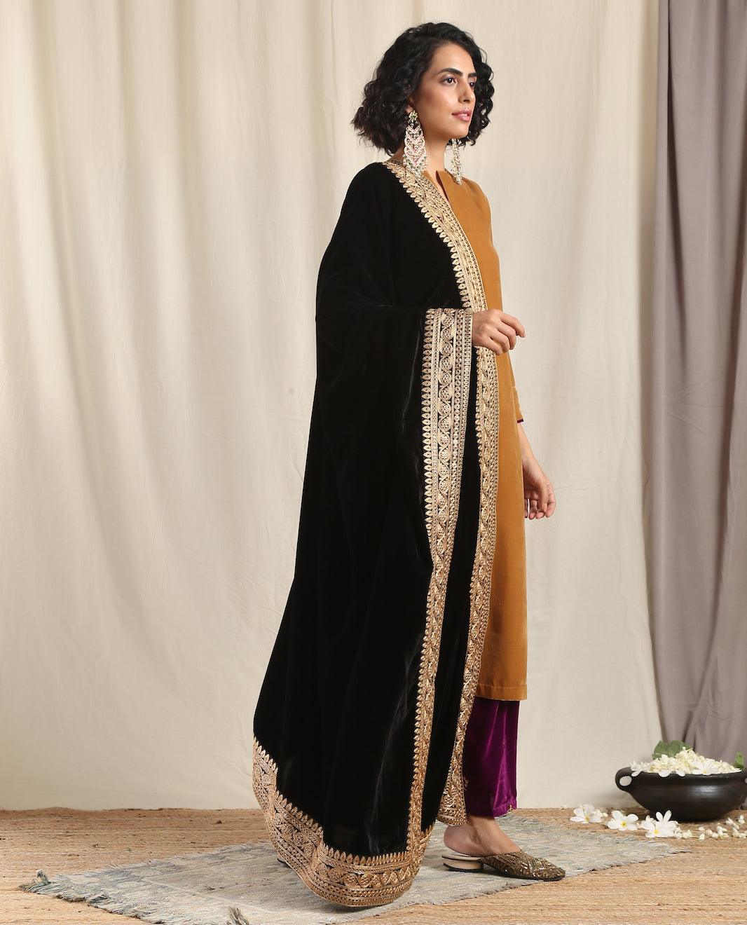 Black Velvet Embroidered Lace Shawl - trueBrowns