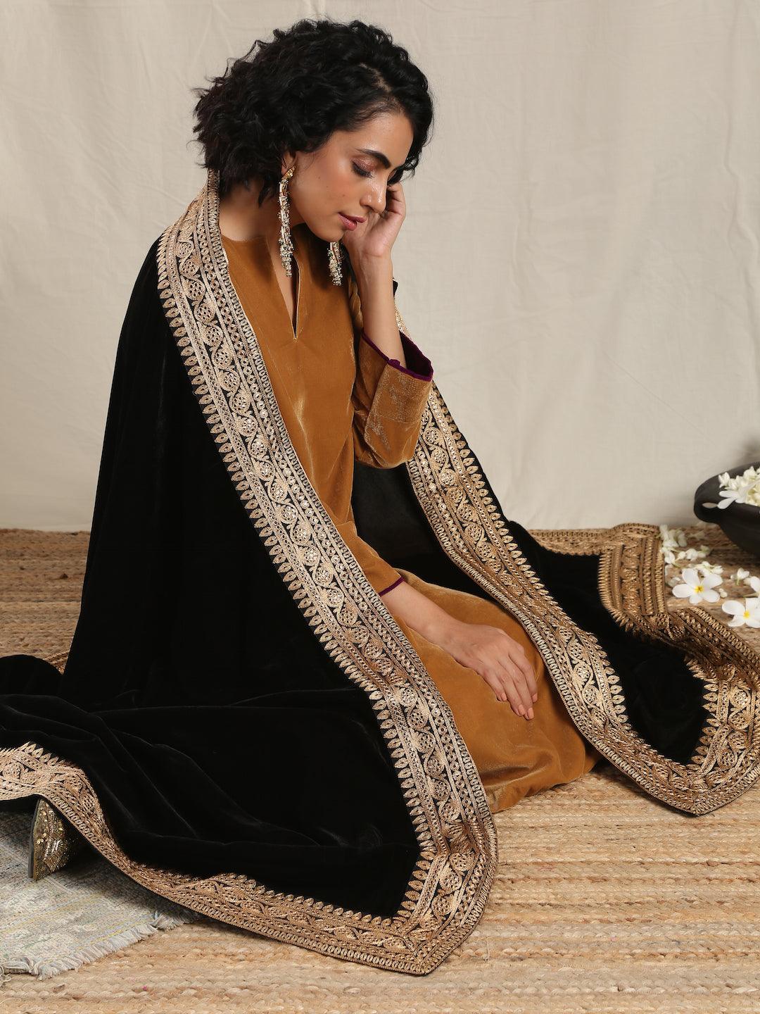 Black Velvet Embroidered Lace Shawl - trueBrowns