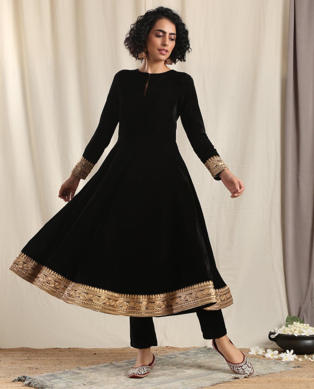 Black Velvet Flared Embroidered Kurta - trueBrowns