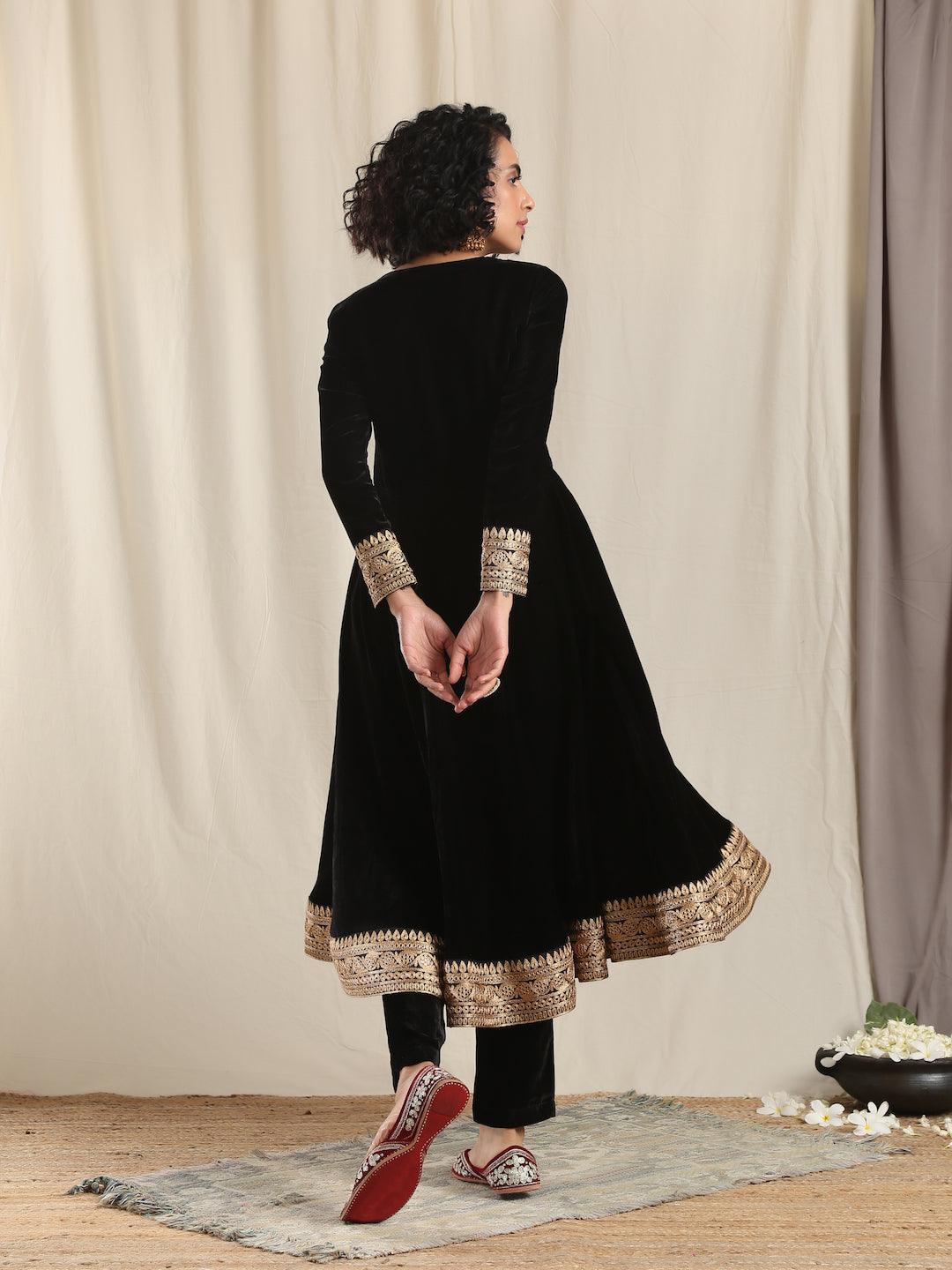 Black Velvet Flared Embroidered Kurta - trueBrowns