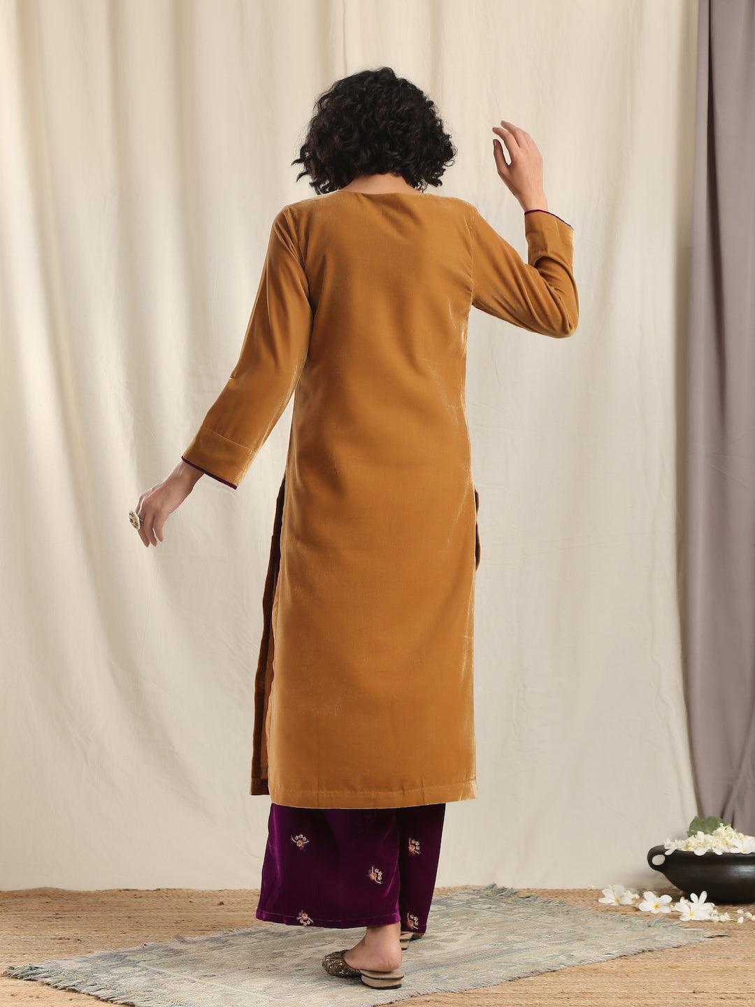 Brown Velvet Slit Kurta - trueBrowns