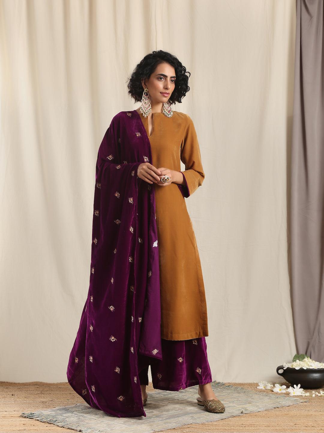 Brown Velvet Slit Kurta - trueBrowns