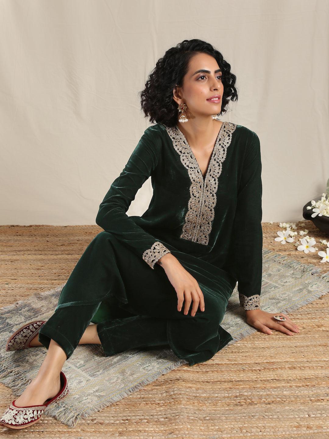 Green Velvet Flared Gota Kurta - trueBrowns