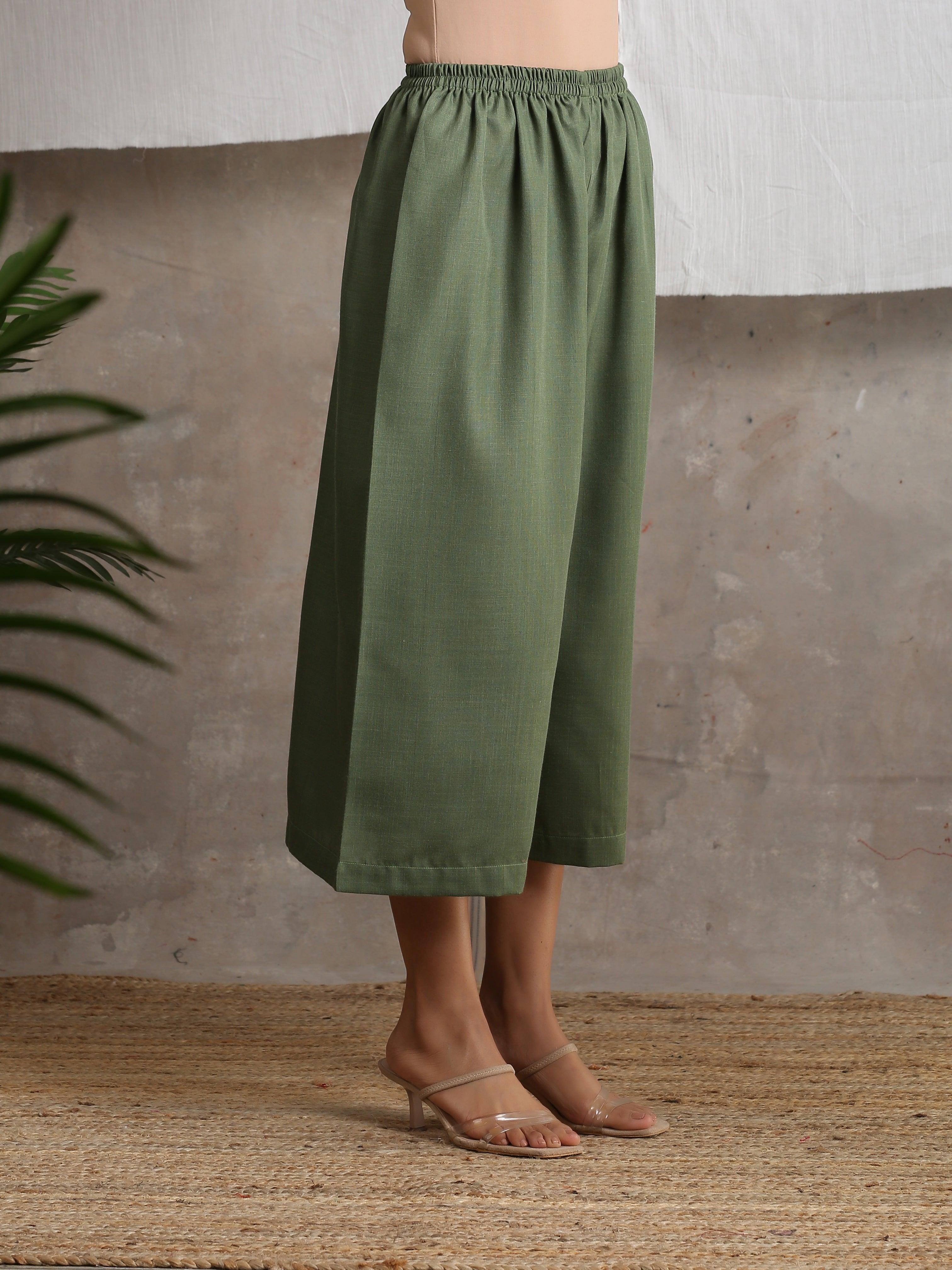 Cotton Linen Olive Green Palazzo - trueBrowns