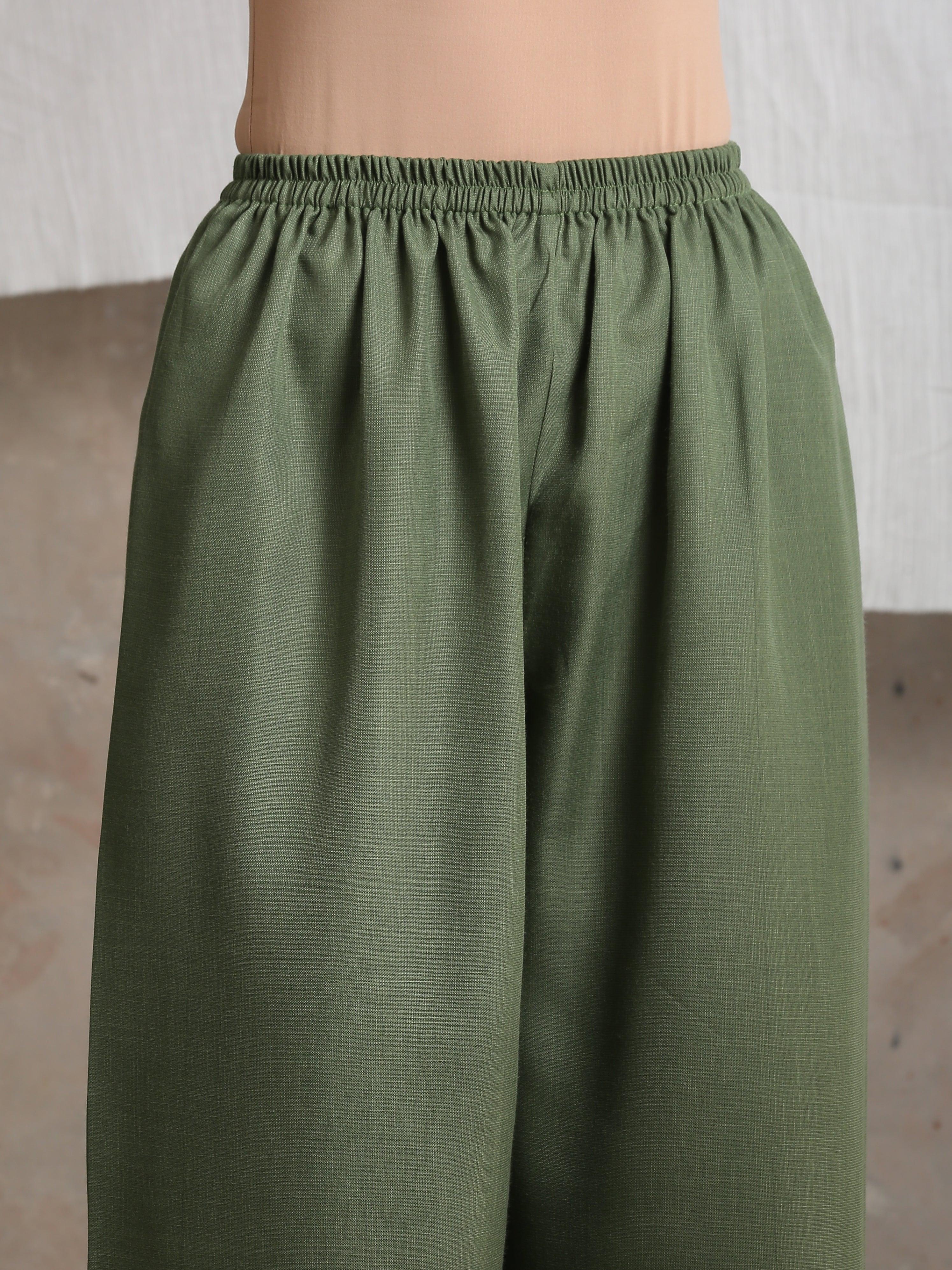Cotton Linen Olive Green Palazzo - trueBrowns