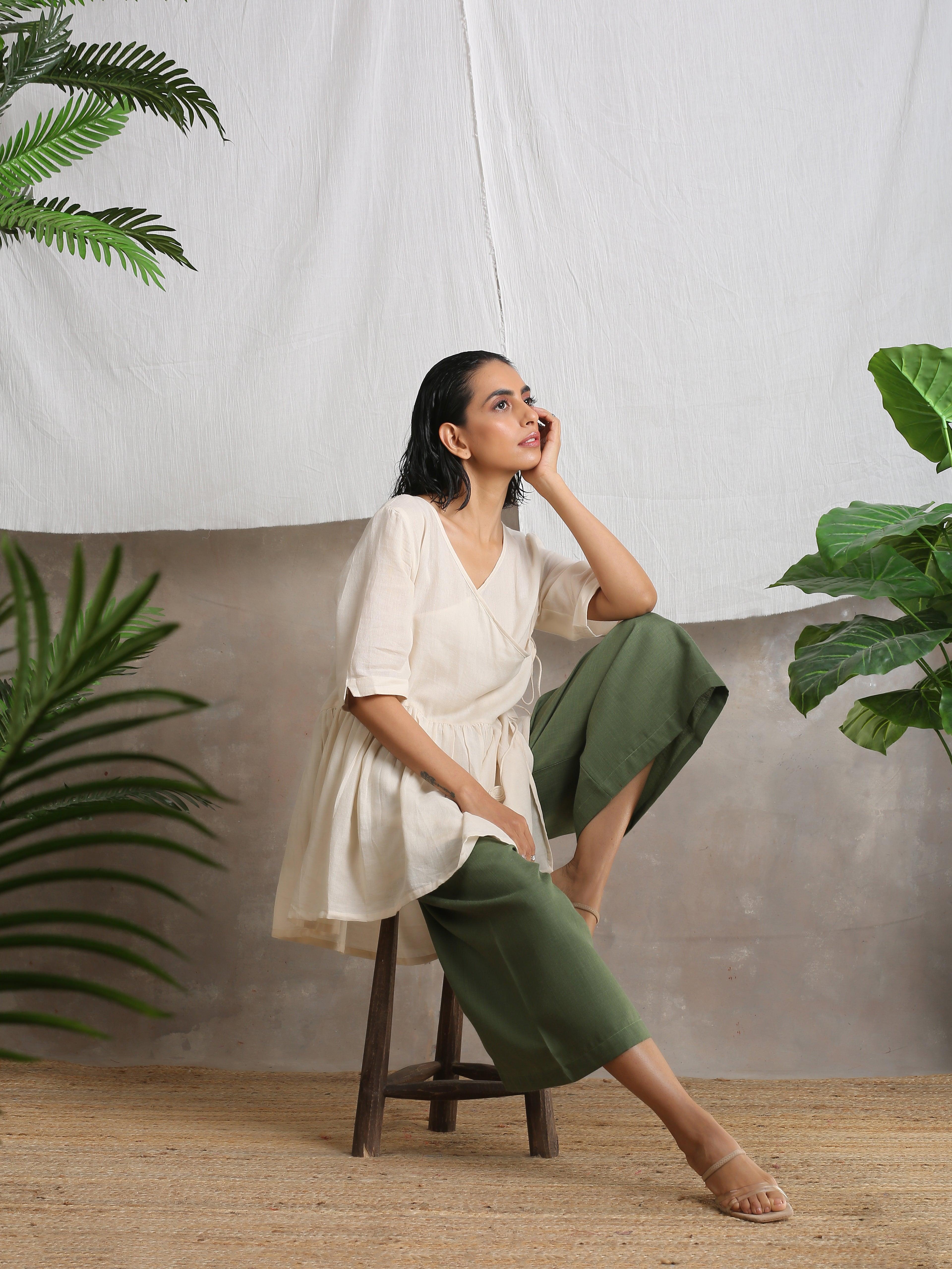 Cotton Linen Olive Green Palazzo - trueBrowns