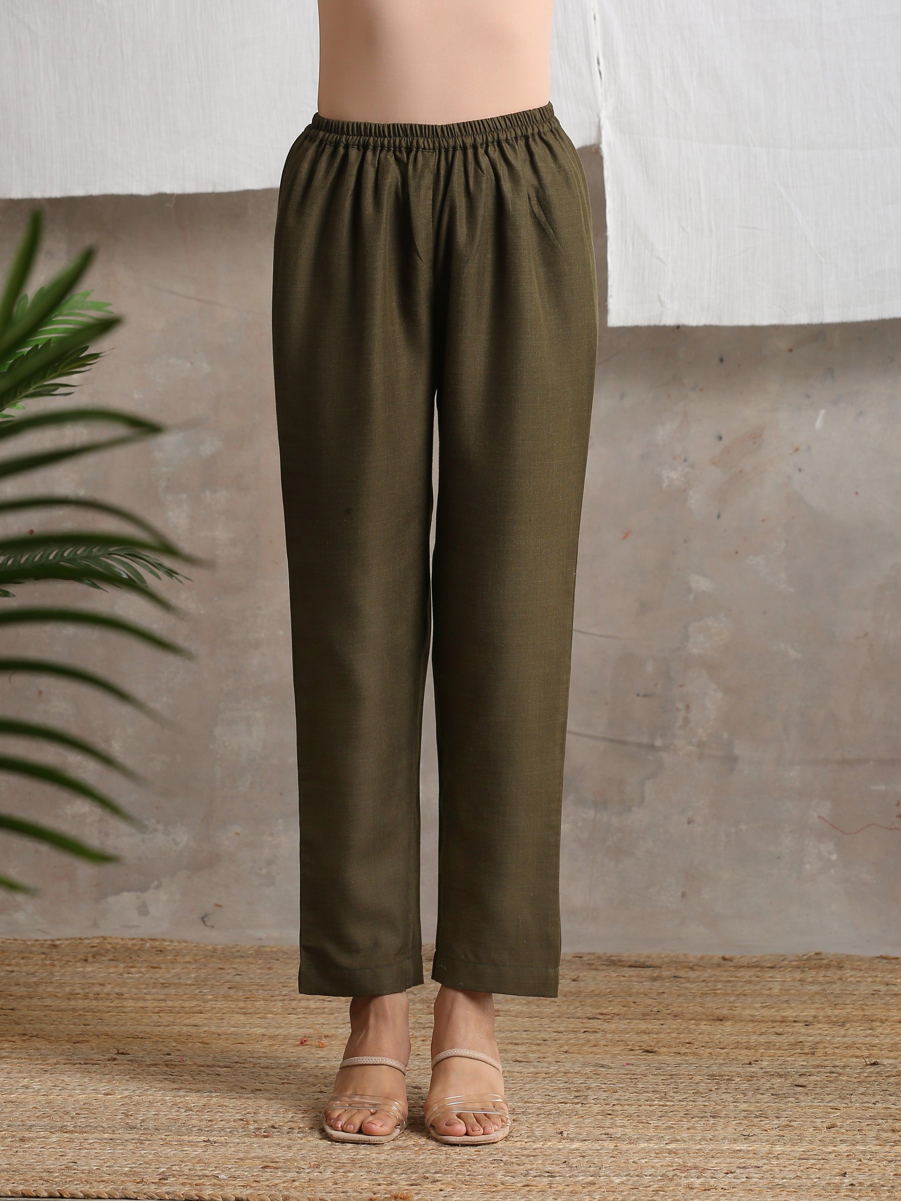 Cotton Linen Dark Green Pant - trueBrowns