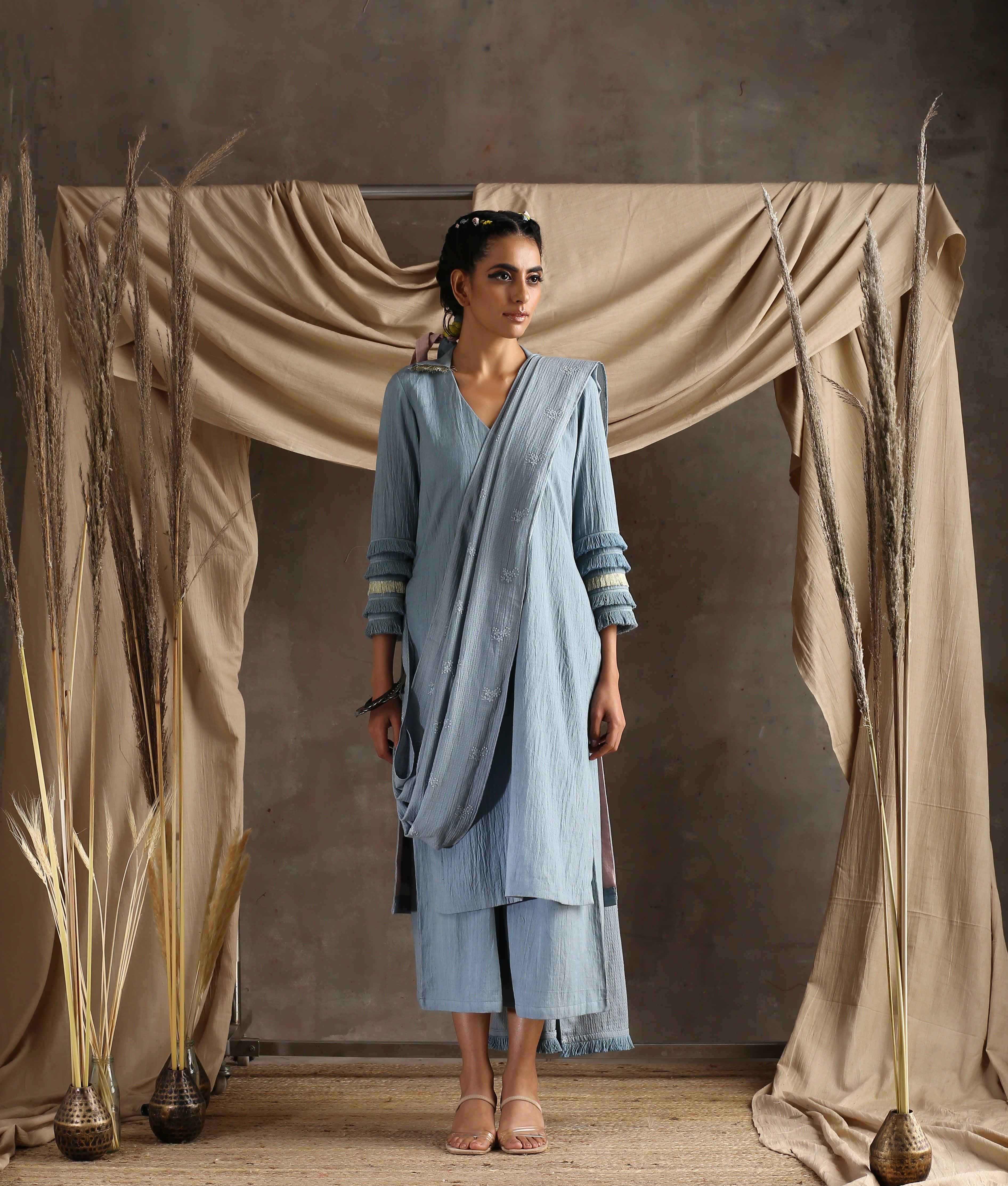 Grey Pure Cotton Embroidered Saree - trueBrowns